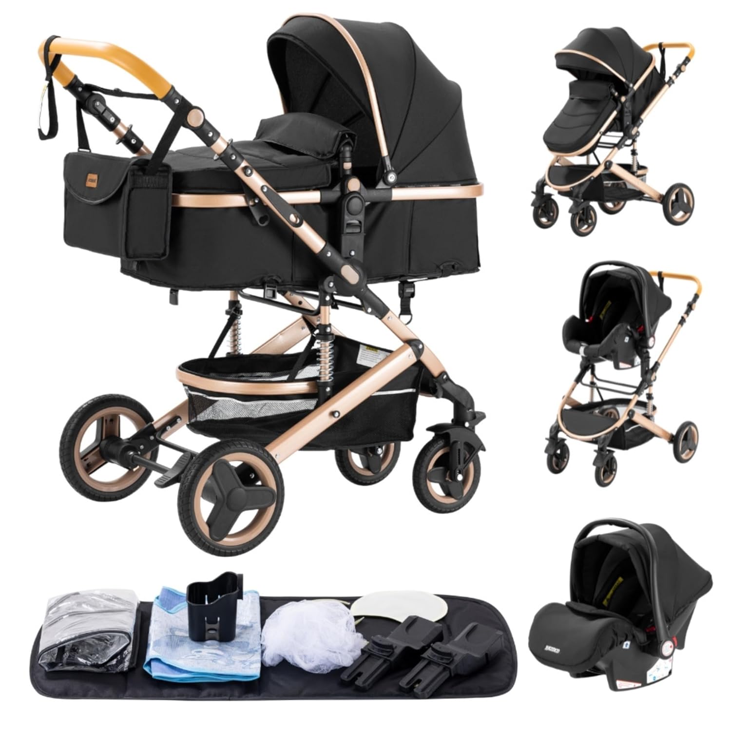 YAZOCO kinderwagen 3 in 1 Buggy Babybett Komplett Set Einem Klick Zusammenklappbarer Kinderwagen, KombiKinderwagen Aluminiumrahmen für Neugeborene Sitzzubehör (1 schwarz)