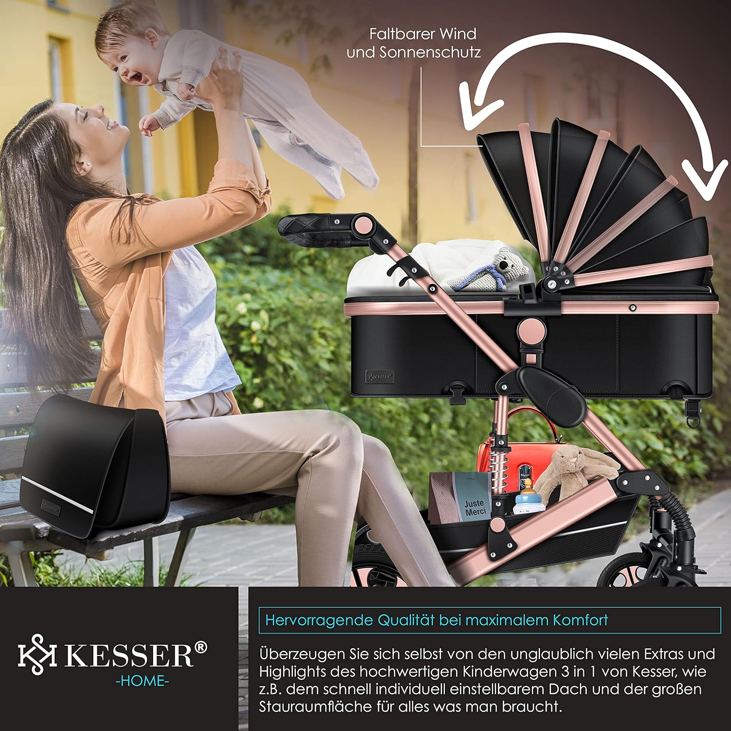 KESSER® Loops 3 in 1 Kinderwagen Kombikinderwagen Komplett-Set inkl. Babywanne & Buggy Sportsitz & Auto-Babyschale Voll-Gummireifen Wickeltasche Regenschutz Kindertisch ECE R129, Schwarz/Schwarz