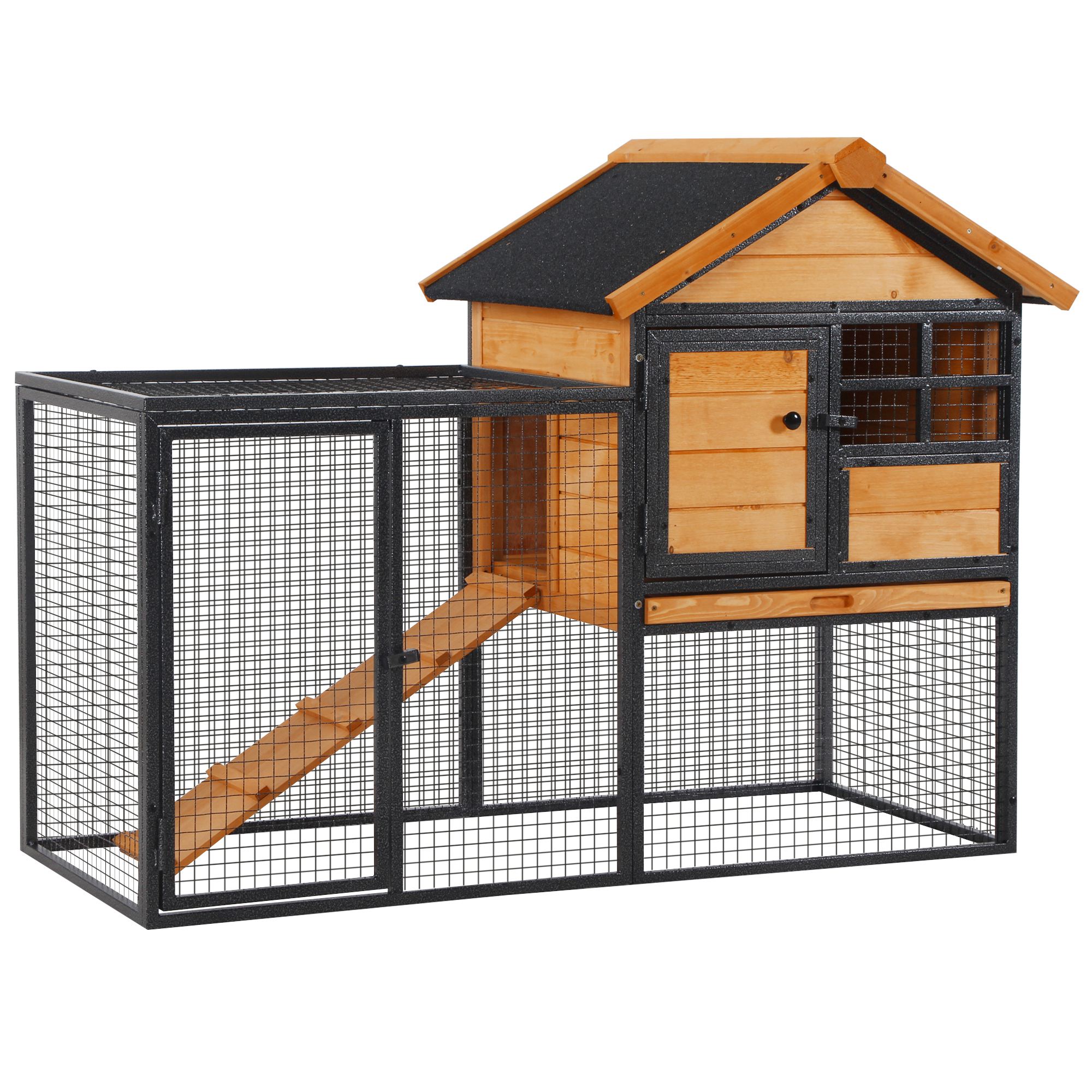 PawHut Kleintierstall mit Freigehege u. Rampe 122 cm x 63 cm x 92 cm Tannenholz Metall Hellgelb+Dunkelgrau