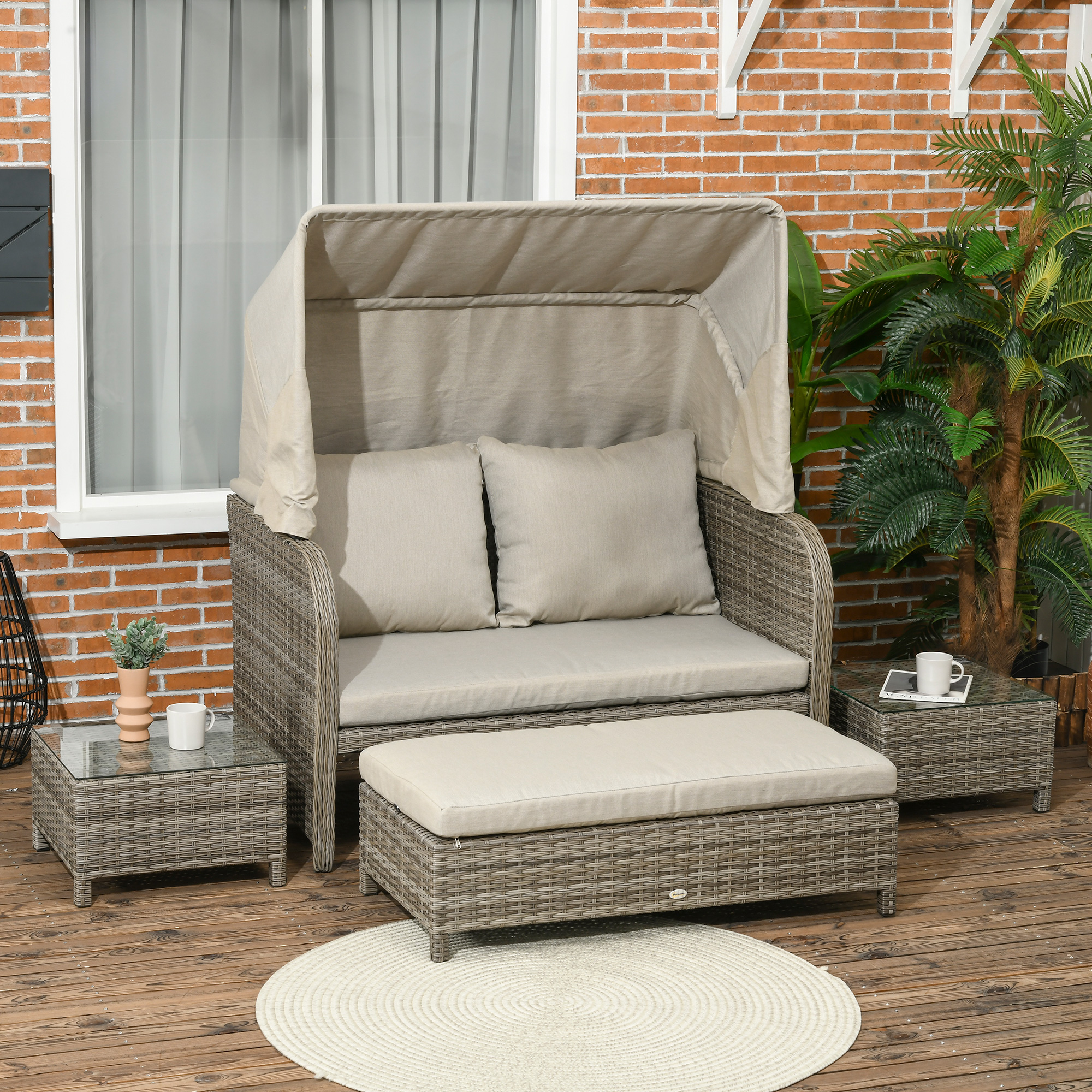 Outsunny Gartensofa-Set 4-teilig 2-Sitzer + 1 Fußhocker + 2 Couchtische mit Kissen Beige Braun
