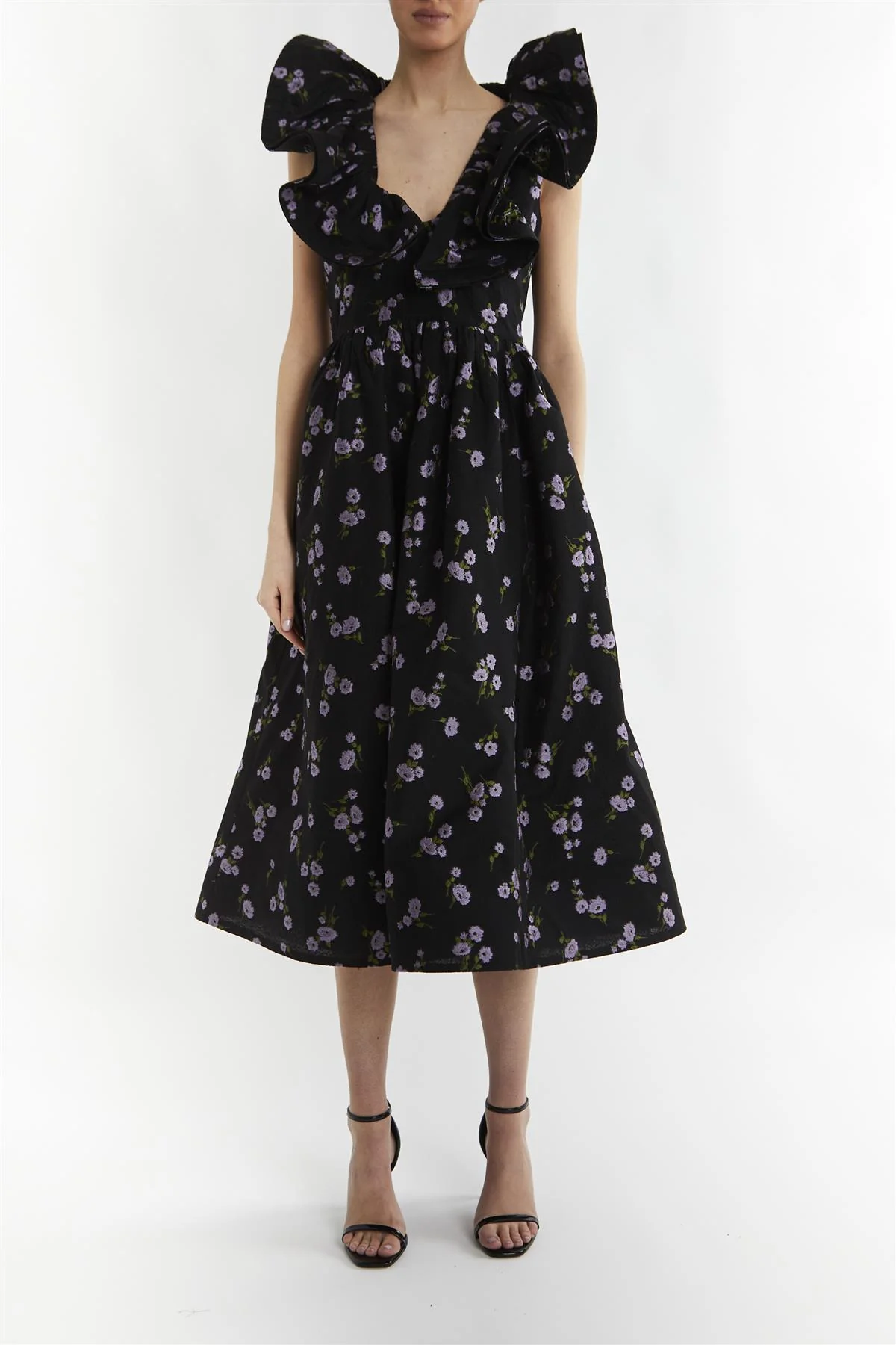 Peyton Black Floral Brocade Ruffle Midi Dress