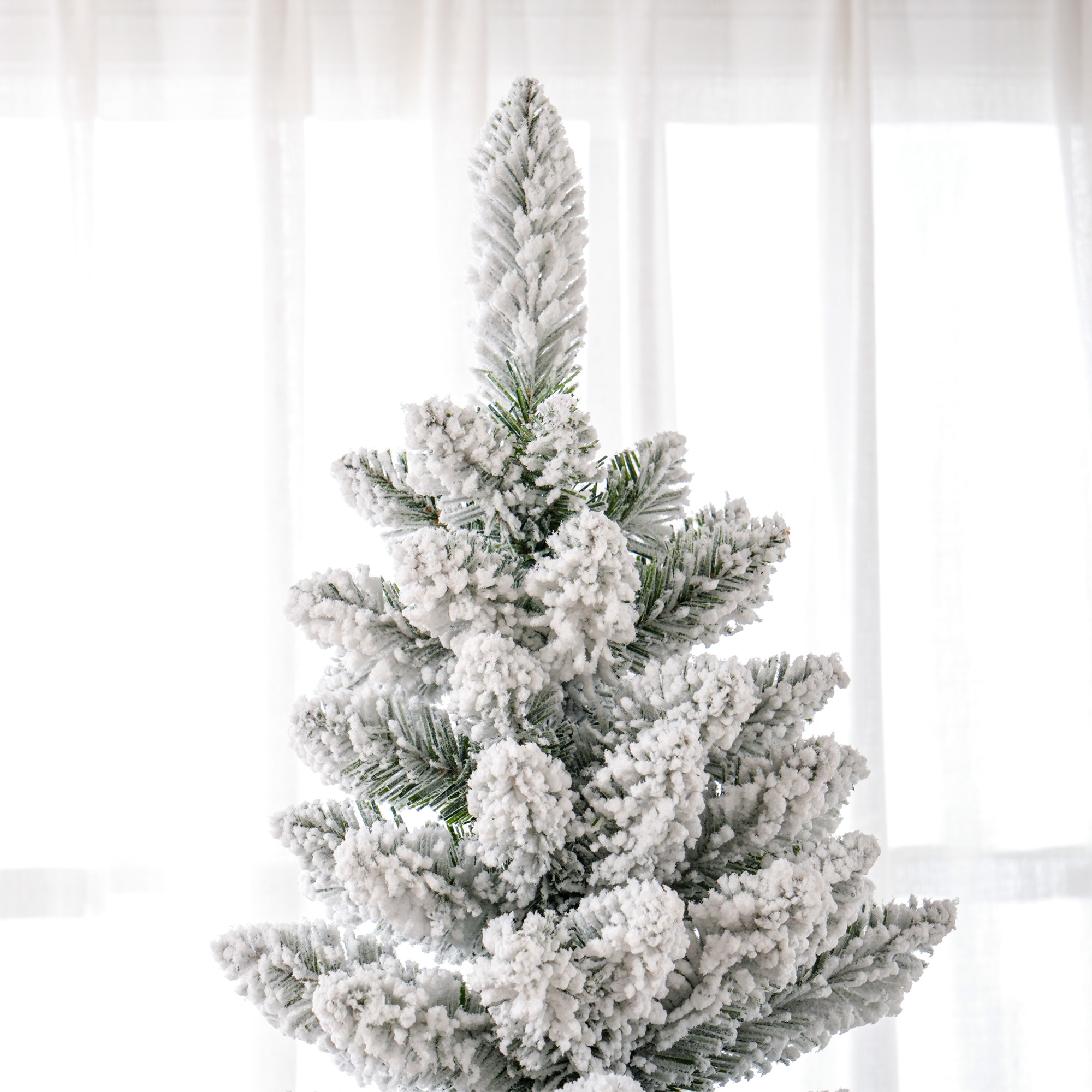 Kunstkerstboom, vlamvertragend, met kunstsneeuw, slank, stalen voet, 75 x 210 cm, Groen