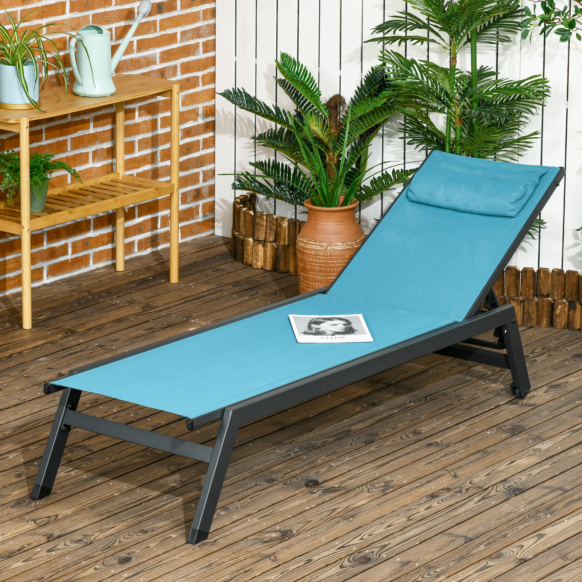 Outsunny Sonnenliege-Sonnendeck aus Aluminium und Textilene mit Rollen und Kopfkissen, mehrfach verstellbare Rückenlehne, Blau