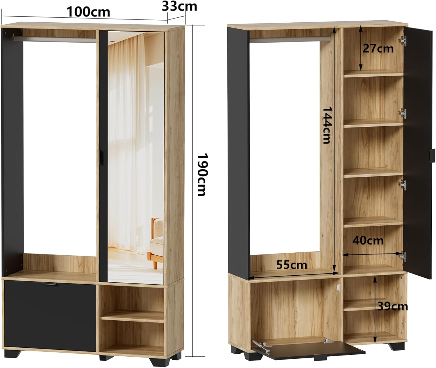 MSFE Entrance Wardrobe with 144 cm Mirror, Compact Wardrobe with Clothes Rail, Shoe Rack and Compartments, Wardrobe Set, Entrance Cabinet with Mirror, 100 x 33 x 190 H cm