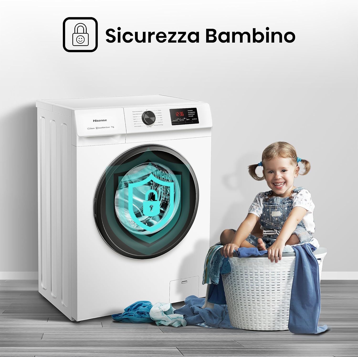 Hisense WFVB7012EM Front Load Washing Machine 7 kg 1200 rpm 15 Programs Steam LED Display Rapid Program Delay Start Child Lock