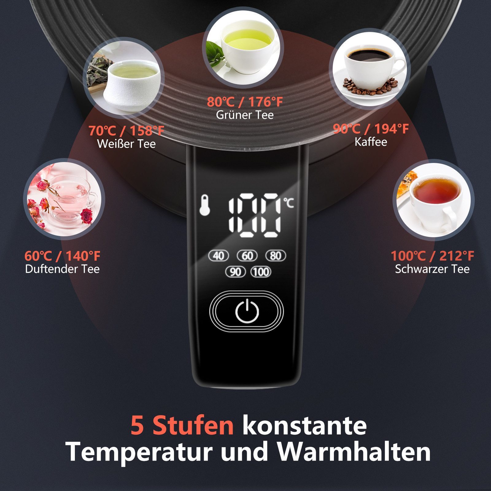 Wasserkocher Edelstahl Wasserkocher mit Temperatureinstellung 40°C-100°C,Doppelwand