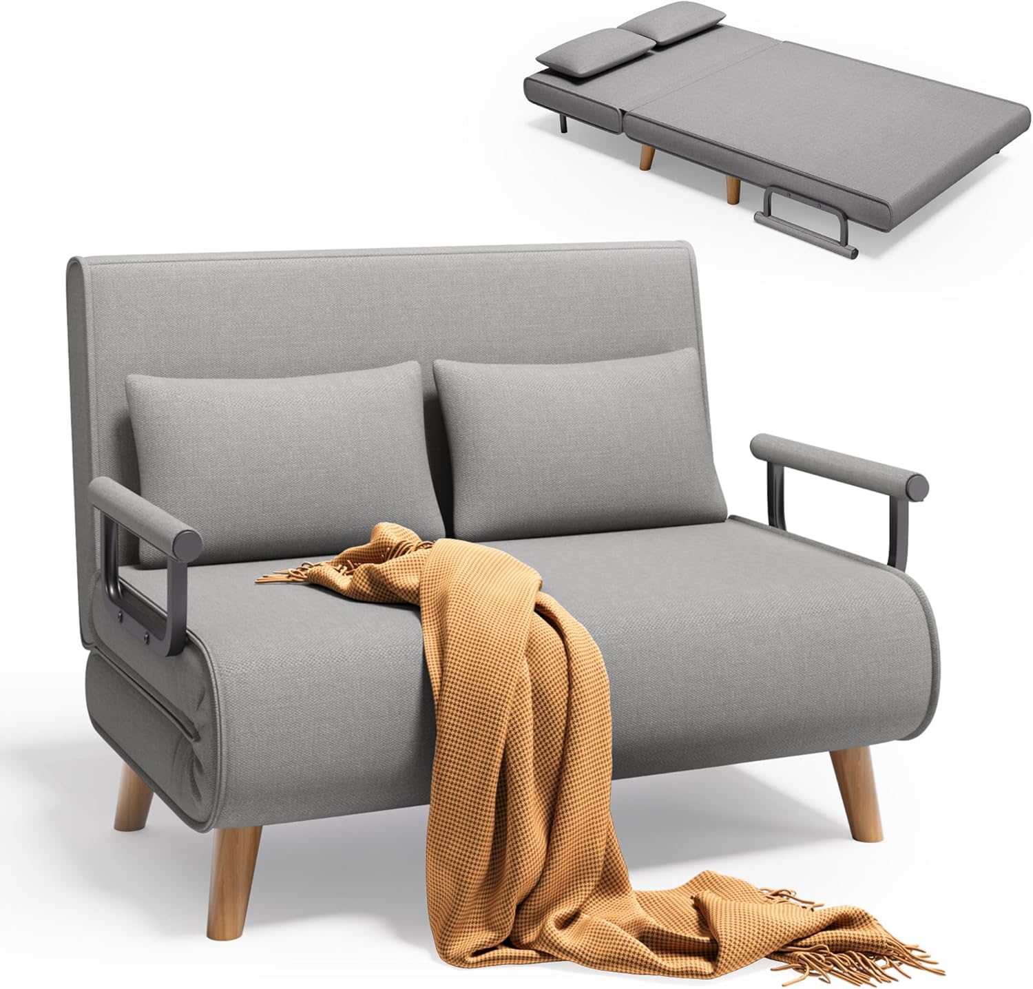 Xbro Divano letto a 2 posti con funzione letto, poltrona letto con schienale regolabile e 2 cuscini, poltrona con sonnolenza per piccolo appartamento (grigio chiaro)