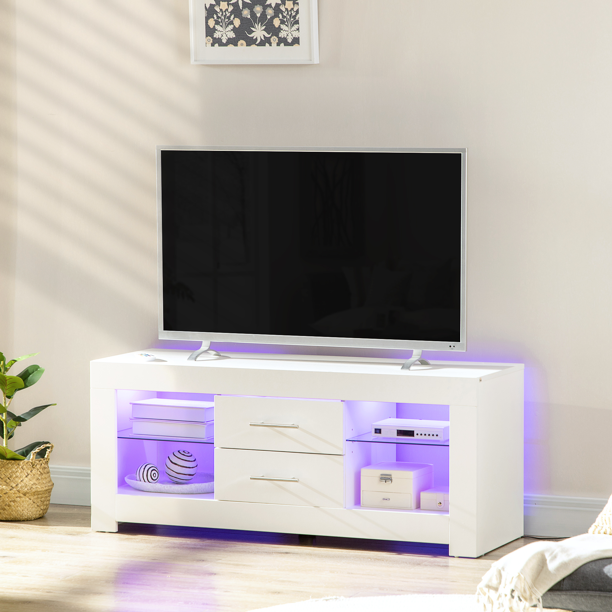 HOMCOM TV-Schrank 55" mit LED-Lichtern in 12 Farben und Fernbedienung, Holz und Glas 120x40x50cm, Weiß