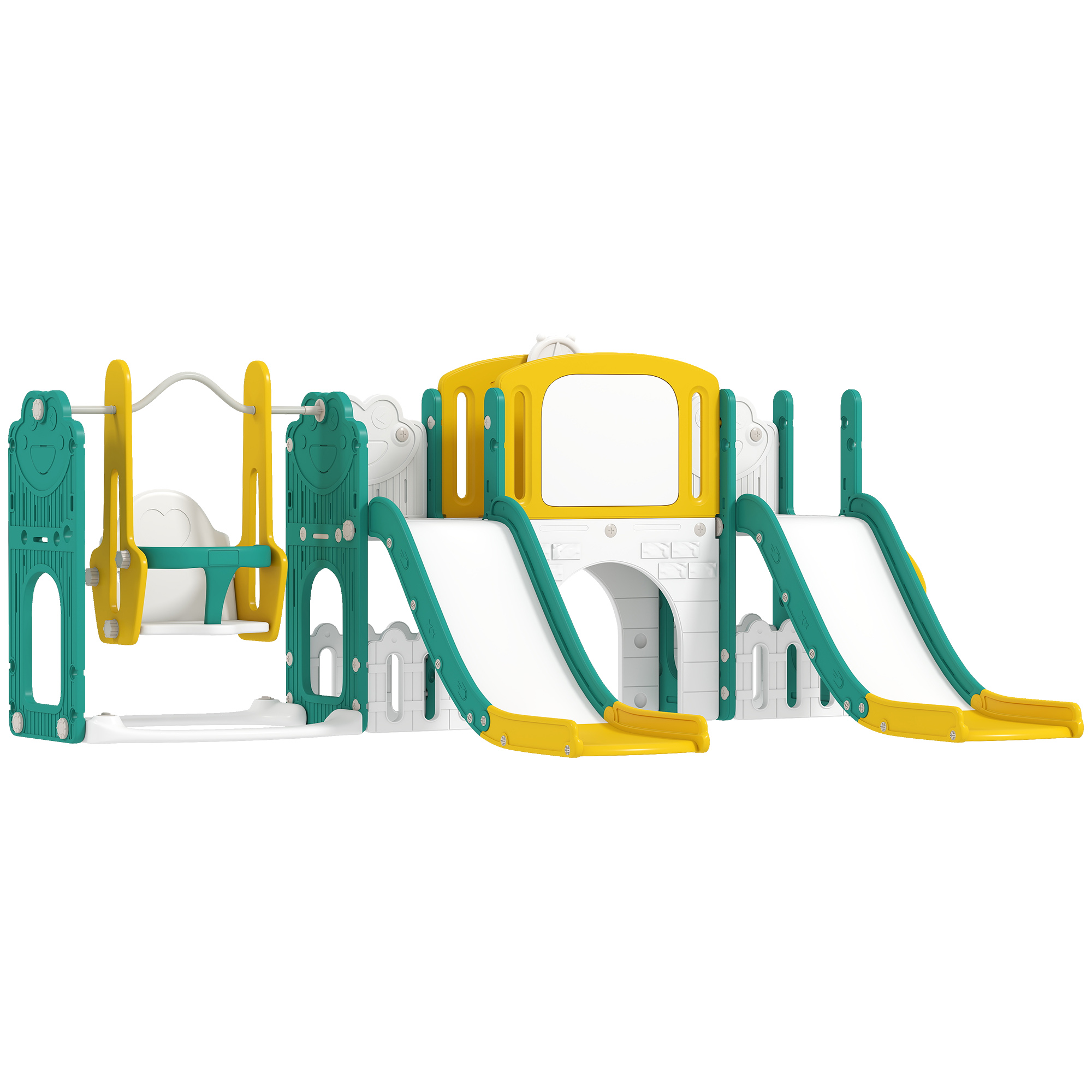 AIYAPLAY 9-in-1 Glij- en Schommelset voor peuters, met basketbalring, telescoop, tekenbord, kikkerontwerp, Geel+Groen