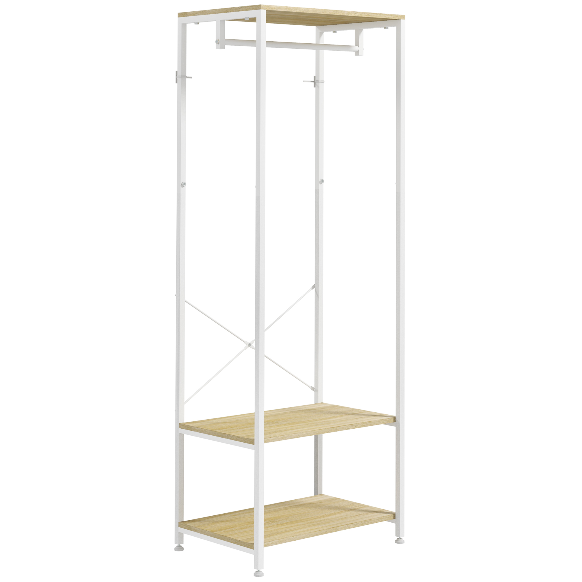HOMCOM Garderobenschrank mit Stange und 2 Schuhregalen 60L x 40B x 167,5H cm Hellbraun Holzoptik Weißes Metall
