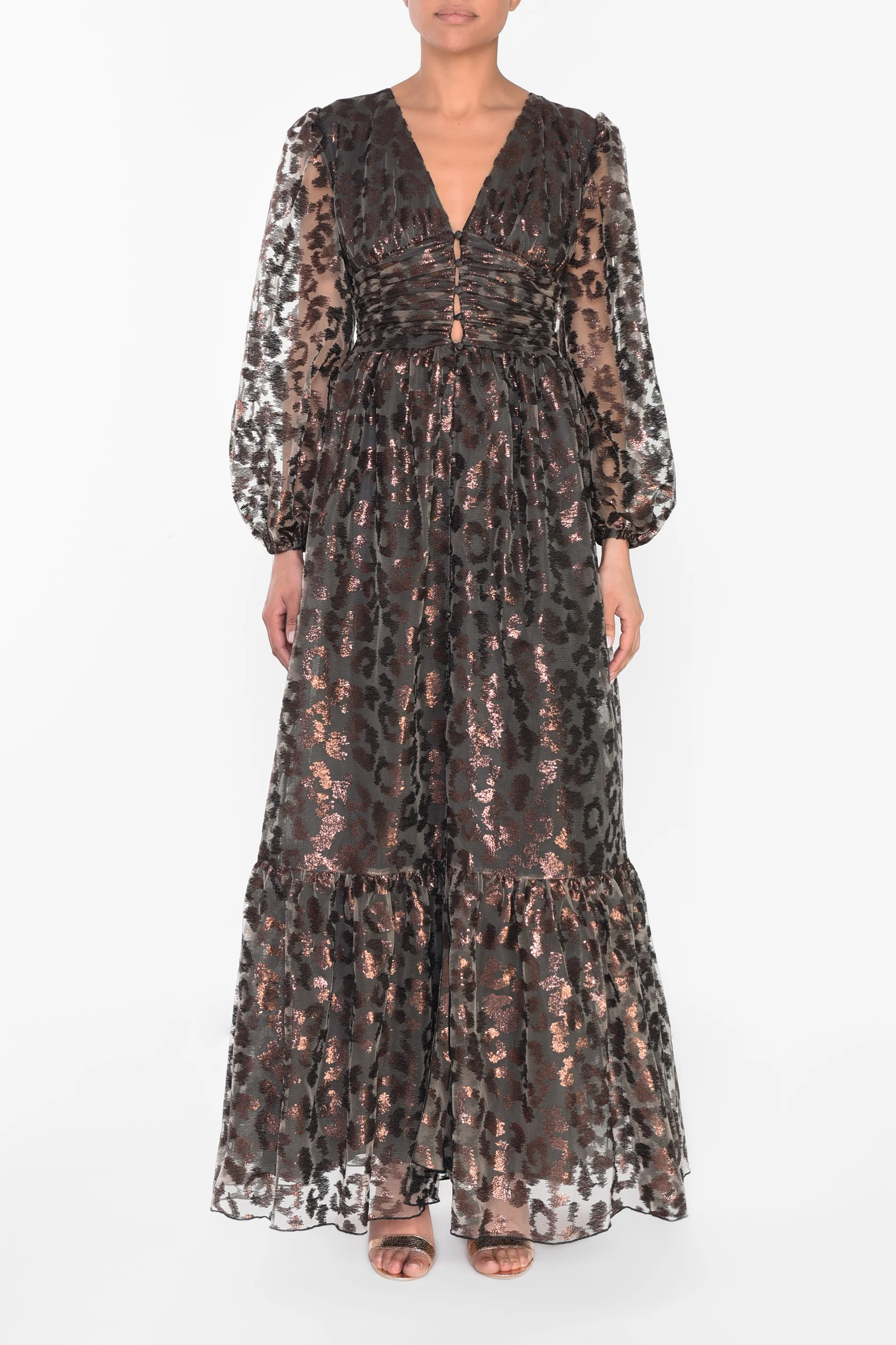 Bronze Metallic Leopard Plunge Button Front Maxi