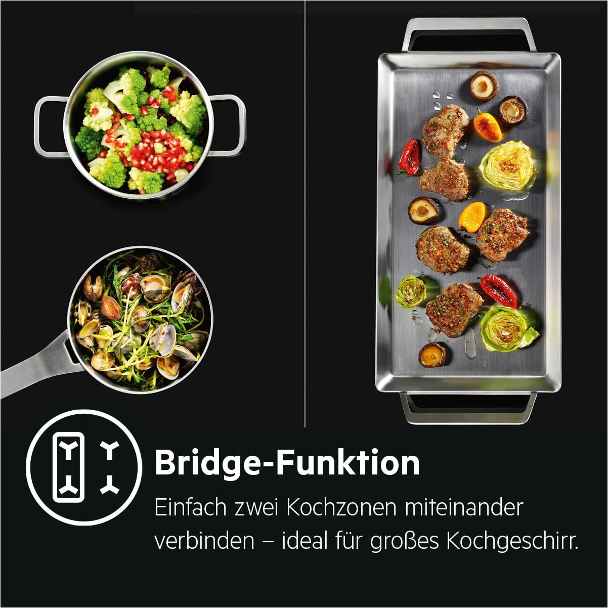 AEG IKE64441XB Autarkes Kochfeld / Induktion / Serie 6000 mit Bridge / Hob²Hood / Slider-Bedienung / 60 cm / Edelstahlrahmen / 4 Kochzonen / Bridge-Funktion / Powerfunktion / Kindersicherung