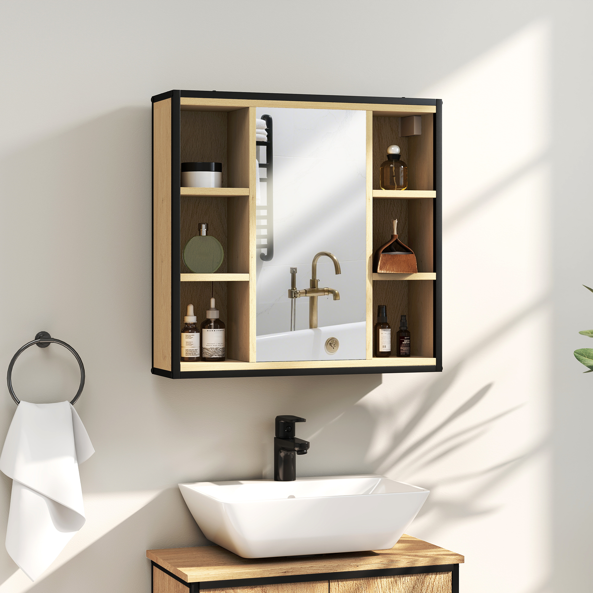 HOMCOM Wandspiegelschrank Badezimmer mit Spiegel, 52 x 24,5 cm mit 6 offenen Fächern und verstellbarem Regal, Eiche