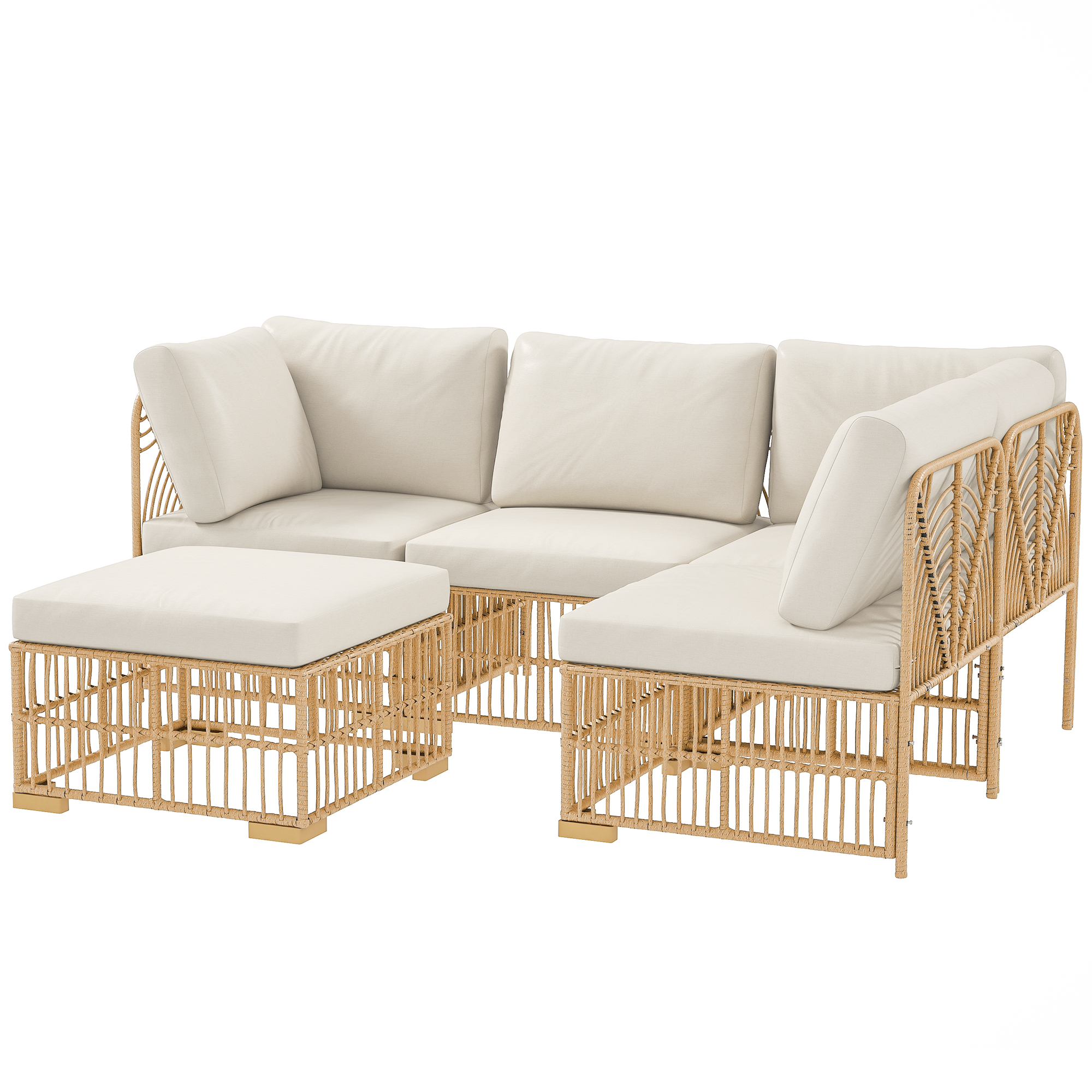Outsunny 5-teiliges Gartenmöbelset, 2 Eckstühle, 2 Mittelstühle, Fußhocker, Sitzkissen, Rückenkissen, Hellbraun+Cremeweiß