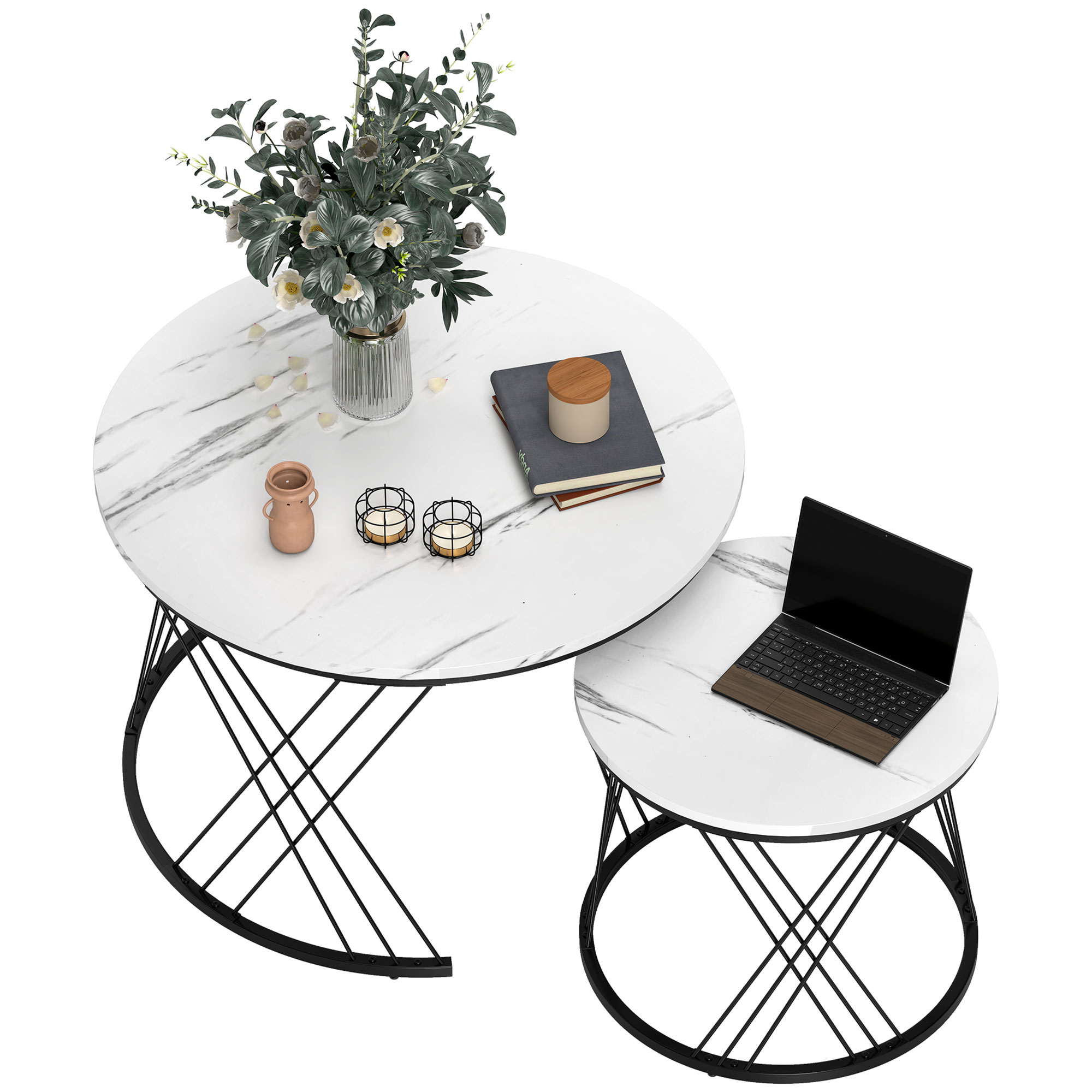 HOMCOM Couchtische im 2er-Set, Marmoroptik, Spanplatte, Metall, runde Kaffeetische für Wohnzimmer, ineinanderstellbar, Weiß