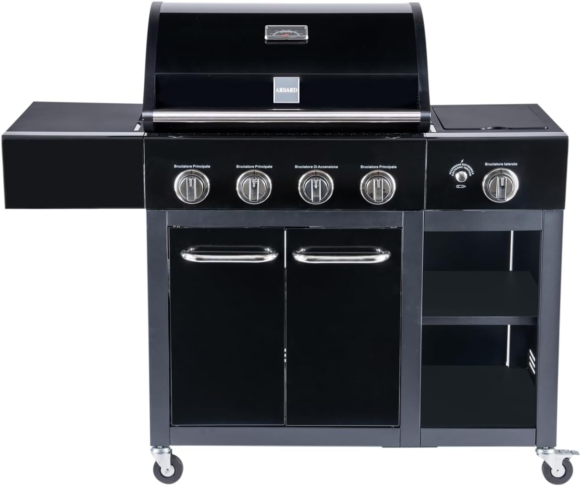 Barbecue a Gas Professionale XXL Con 5 Fuochi Multifunzione Da 16 KW, Completo Di Bruciatore Laterale, Coperchio, Termometro, Griglia In Ghisa, Ruote, Portabombola E Struttura In Acciaio Inox