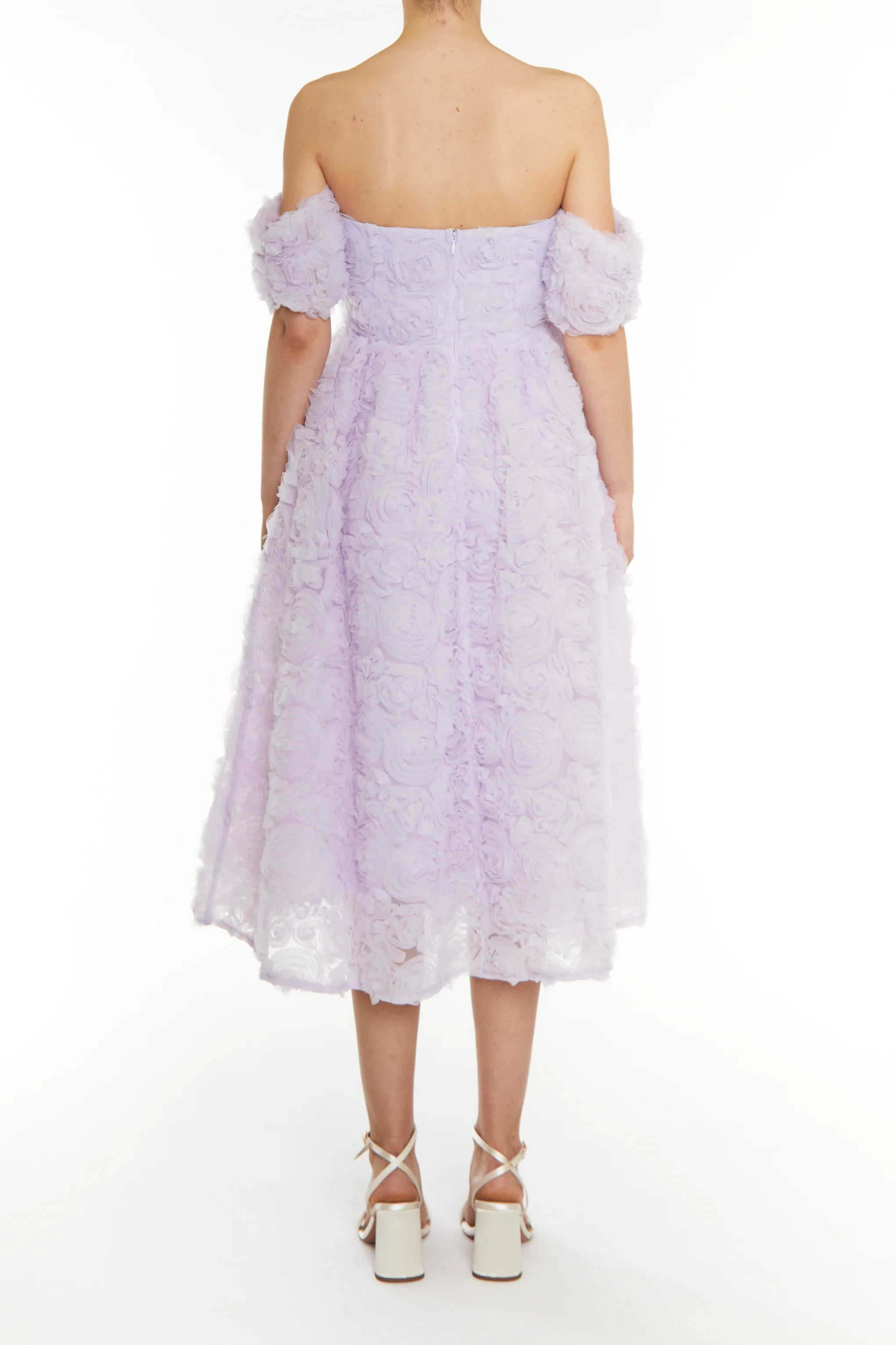 Amelia Lilac 3d Applique Bardot Bust Cup Midi Dress
