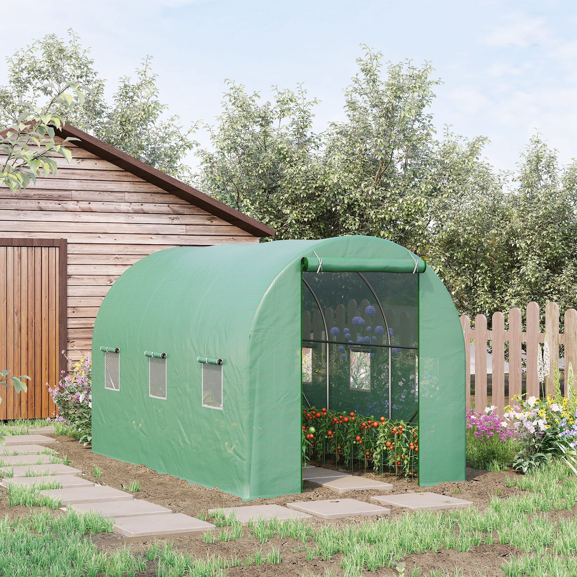 Outsunny Gewächshaus 350x200x200cm Foliengewächshaus Tomatenhaus Tür mit Moskitonetz, Fenster, Folientunnel aus verzinktem Stahl, stabiles Pflanztunnel, Treibhaus inkl. Erdanker Seilen, Grün