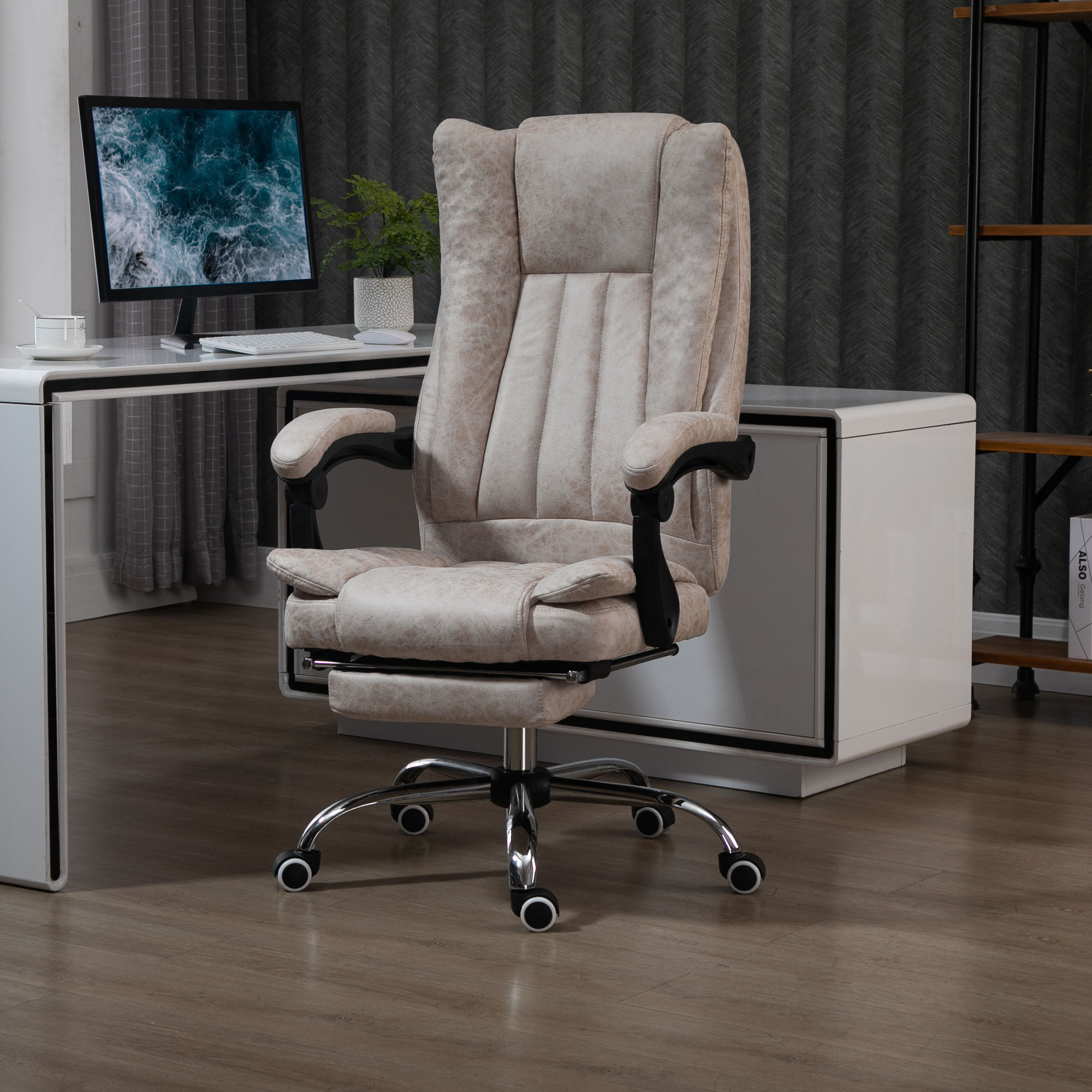 Vinsetto Bürostuhl Drehstuhl mit Liegefunktion Fußstütze Bürosessel Sitzhöhenverstellung Stuhl Schreibtischstuhl Mikrofaser Kunststoff Metall Nylon Beige+Schwarz+Silber 63 x 71 x 110-118 cm