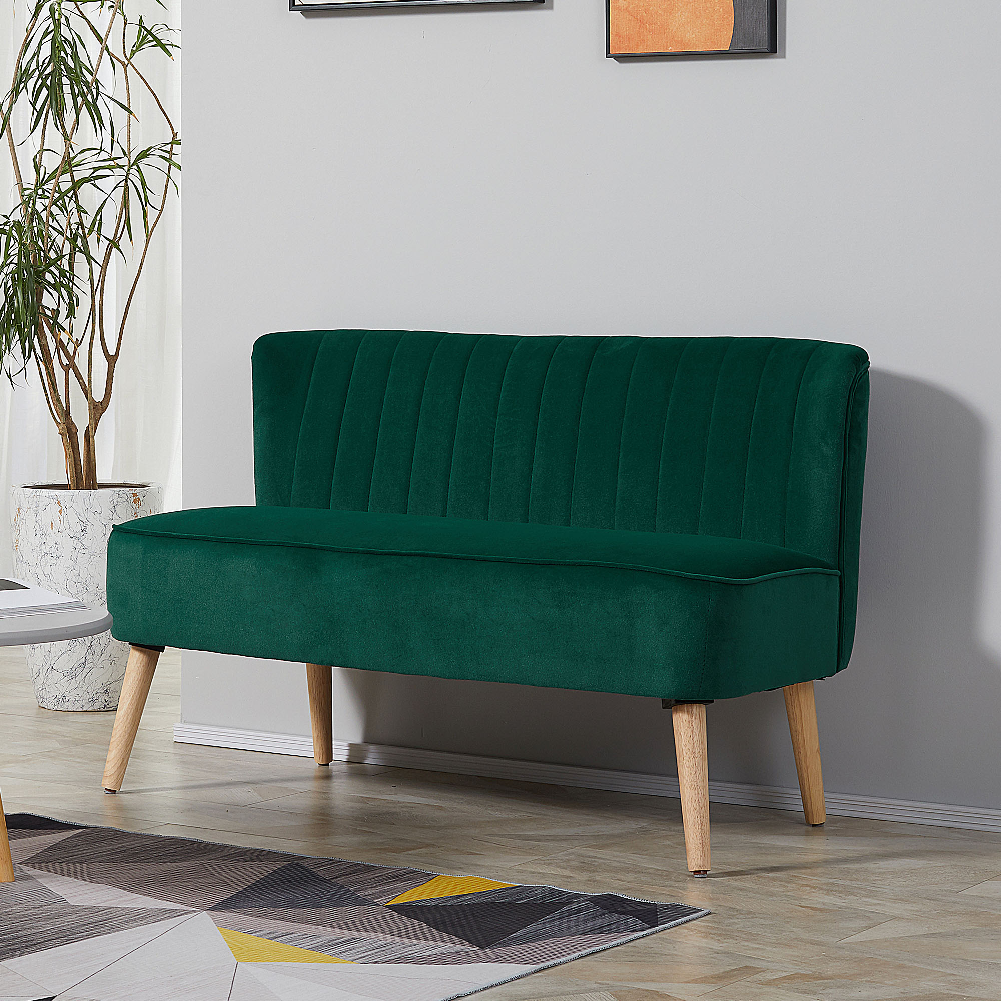 Sofa Retrodesign 2-zitsbank, houten poten, 117 cm x 56,5 cm x 77 cm, Donkergroen