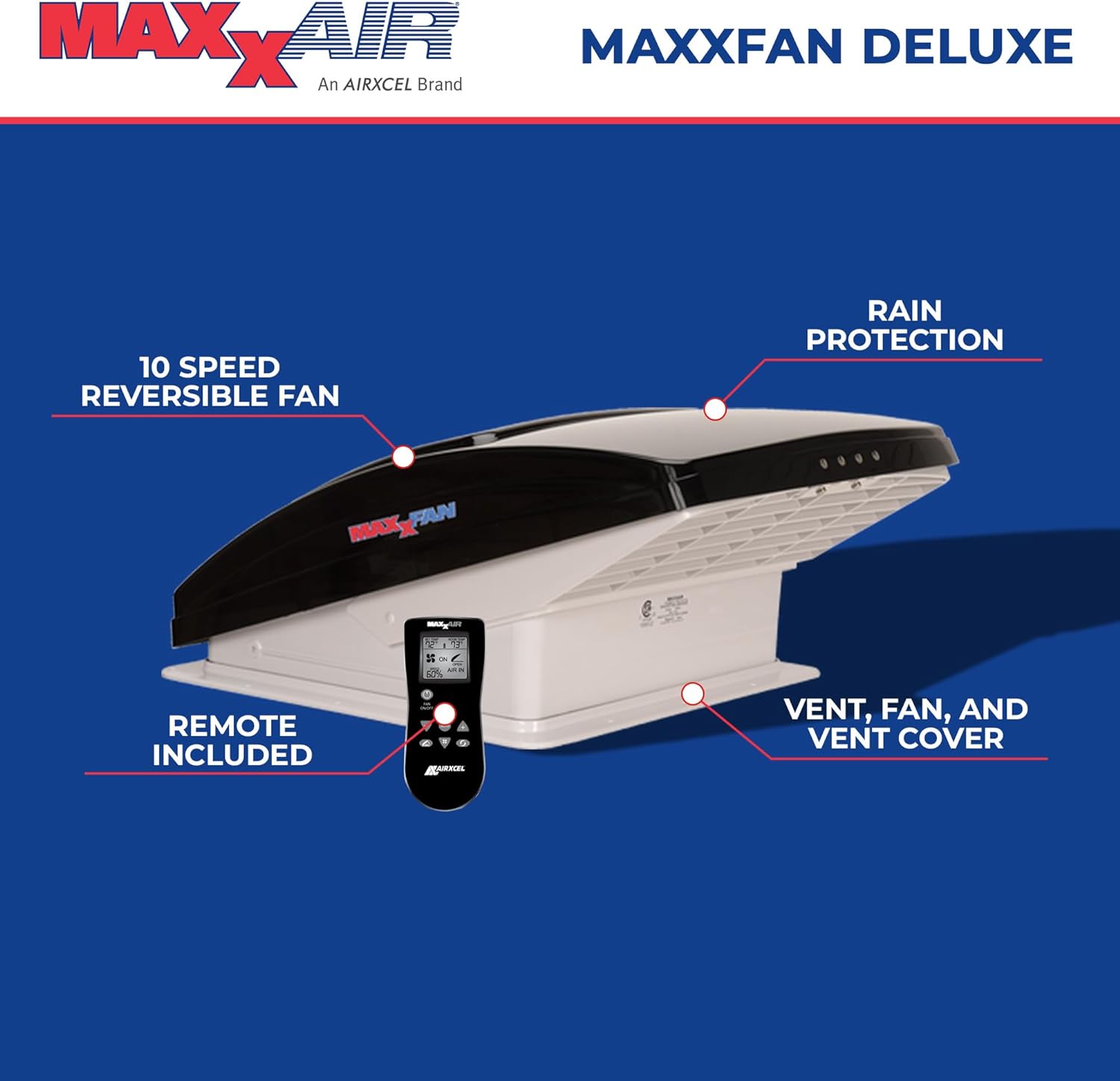 MaxxFan Deluxe Roof Vent with Remote Control, Smoke Black &ndash; Ventilation Fan for RVs