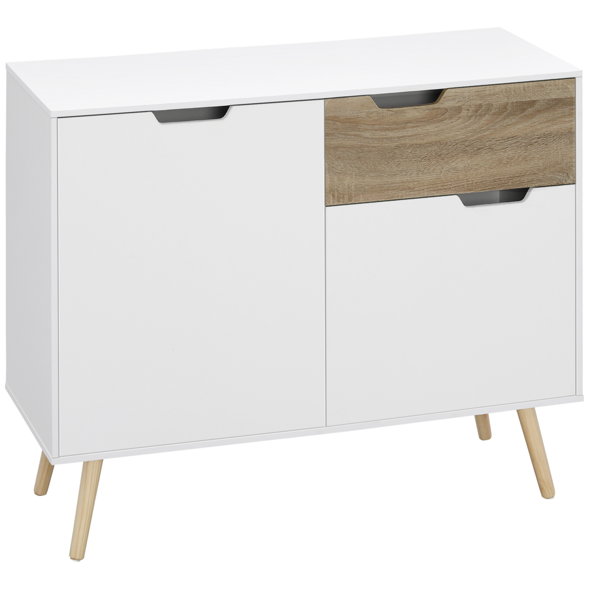 HOMCOM Buffet Aufbewahrungsschrank skandinavisches Design mit Schränken für Badezimmer, Wohnzimmer, Küche, Massivholz Kieferbeine - Weiß - Maße 98L x 39B x 81,5H cm