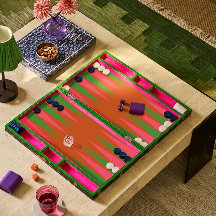 Luxury Tortoiseshell Lacquer Backgammon Set - Watermelon Suede Interior