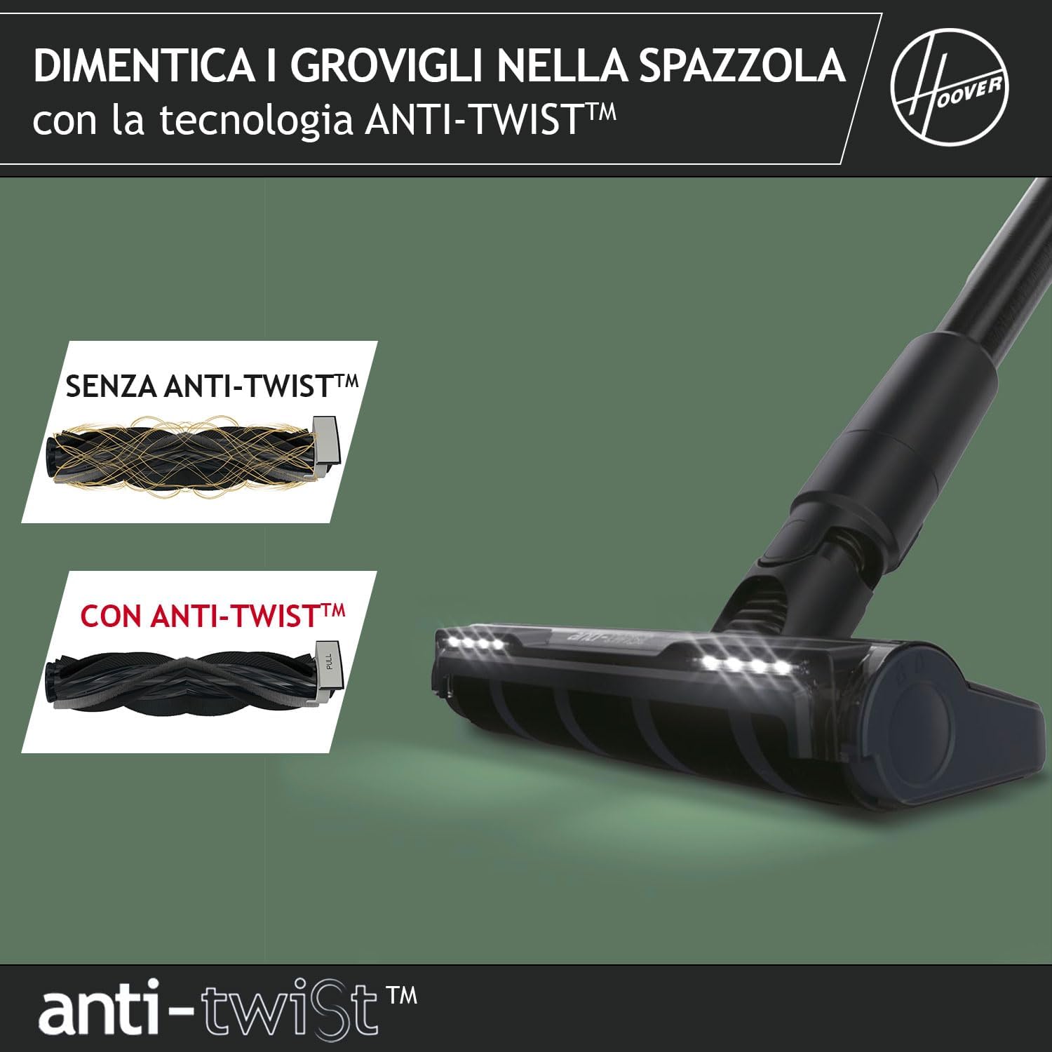 HOOVER Nuovo aspirapolvere senza fili, manovrabilità a 360° per pavimenti duri, spazzola anti-groviglio con luci LED integrate, mini turbo spazzola per rimuovere capelli e peli di animali [HF401P]