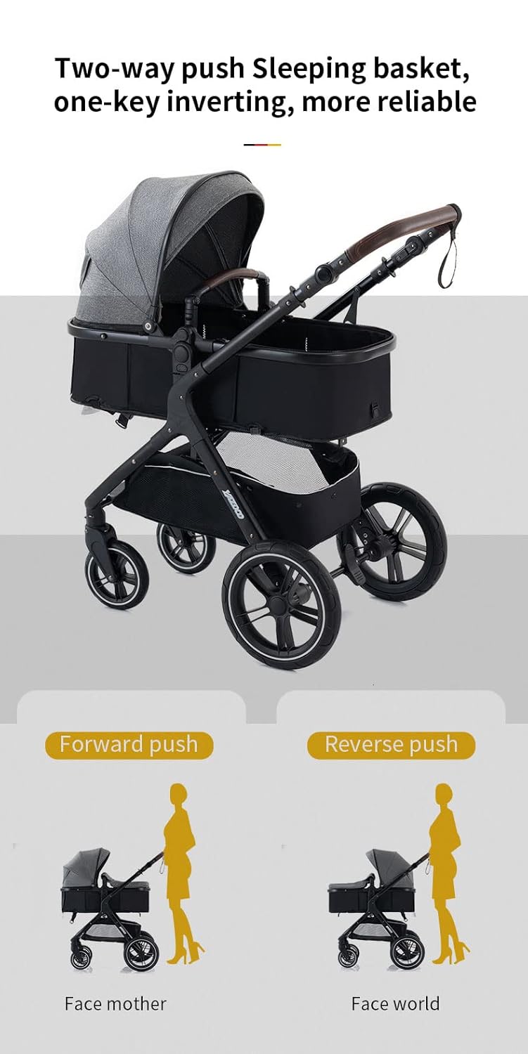 YAZOCO kinderwagen 3 in 1 Buggy Babybett Komplett Set Einem Klick Zusammenklappbarer Kinderwagen, KombiKinderwagen Aluminiumrahmen für Neugeborene Sitzzubehör (1 schwarz)