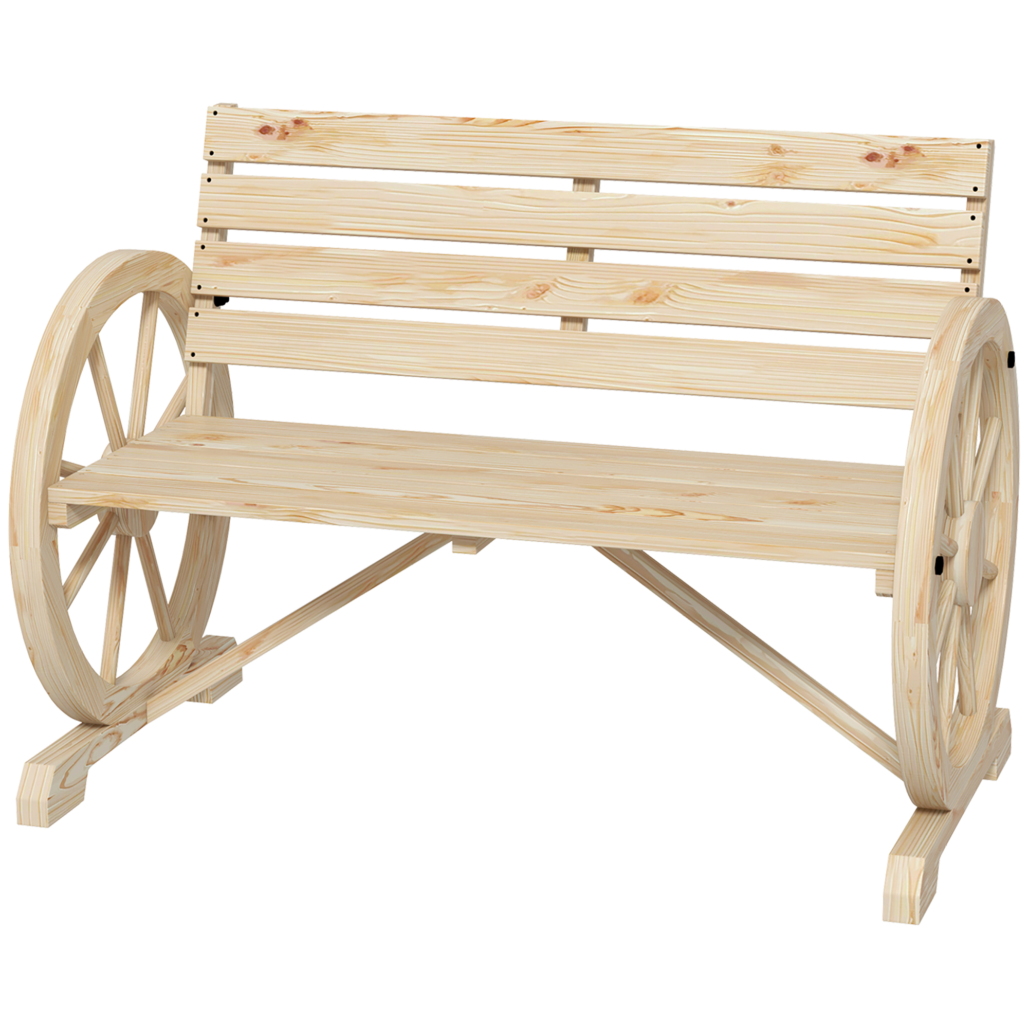 Outsunny Gartenbank, Wagenrad-Design, für 2 Personen, Naturholz, dunkelbraun, 105,5 x 56 x 79 cm, Natur
