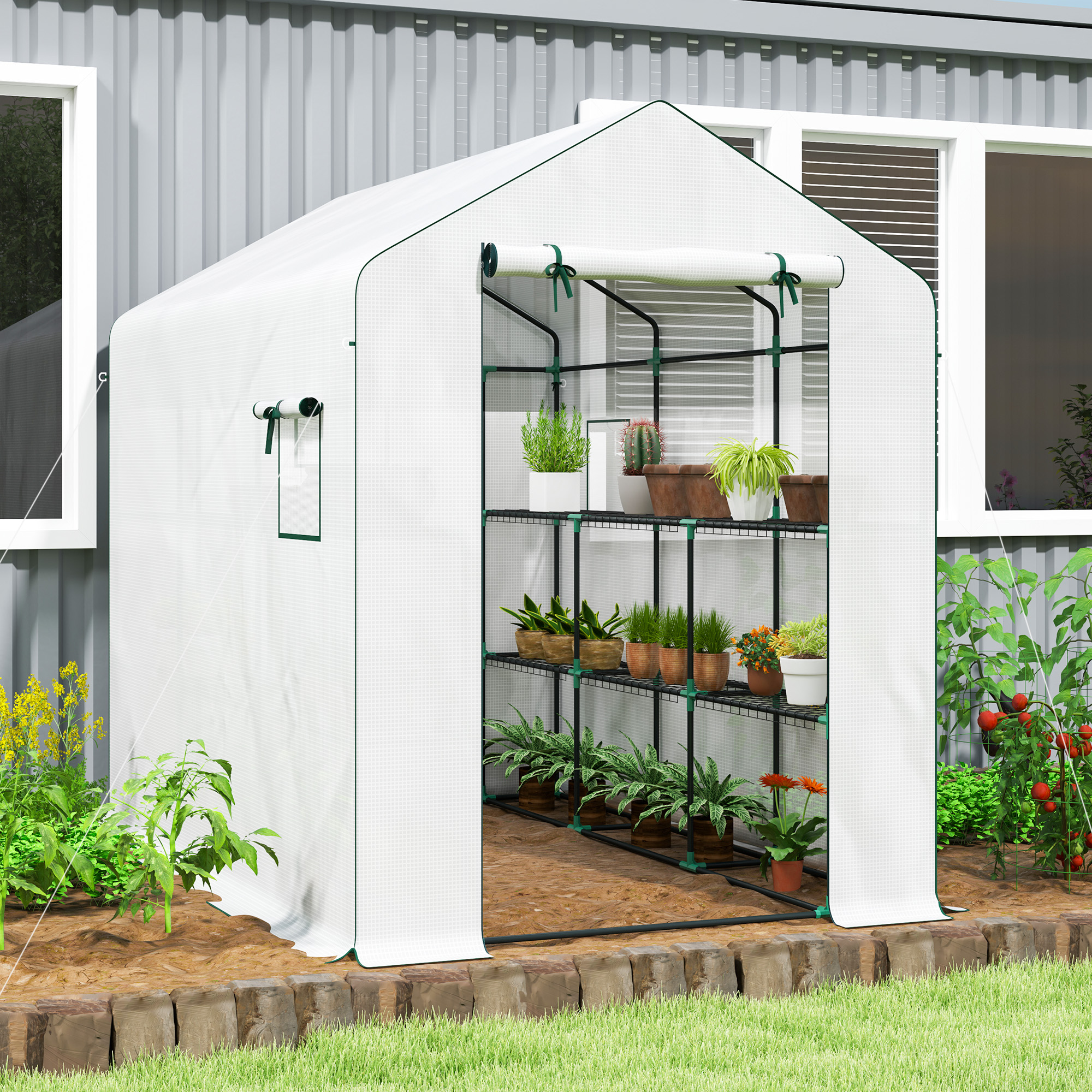Outsunny Garten-Gewächshaus 3 m² mit 3 Ebenen, PE verstärkt 135 g/m² UV-beständig, rollbare Tür und Mesh-Fenster