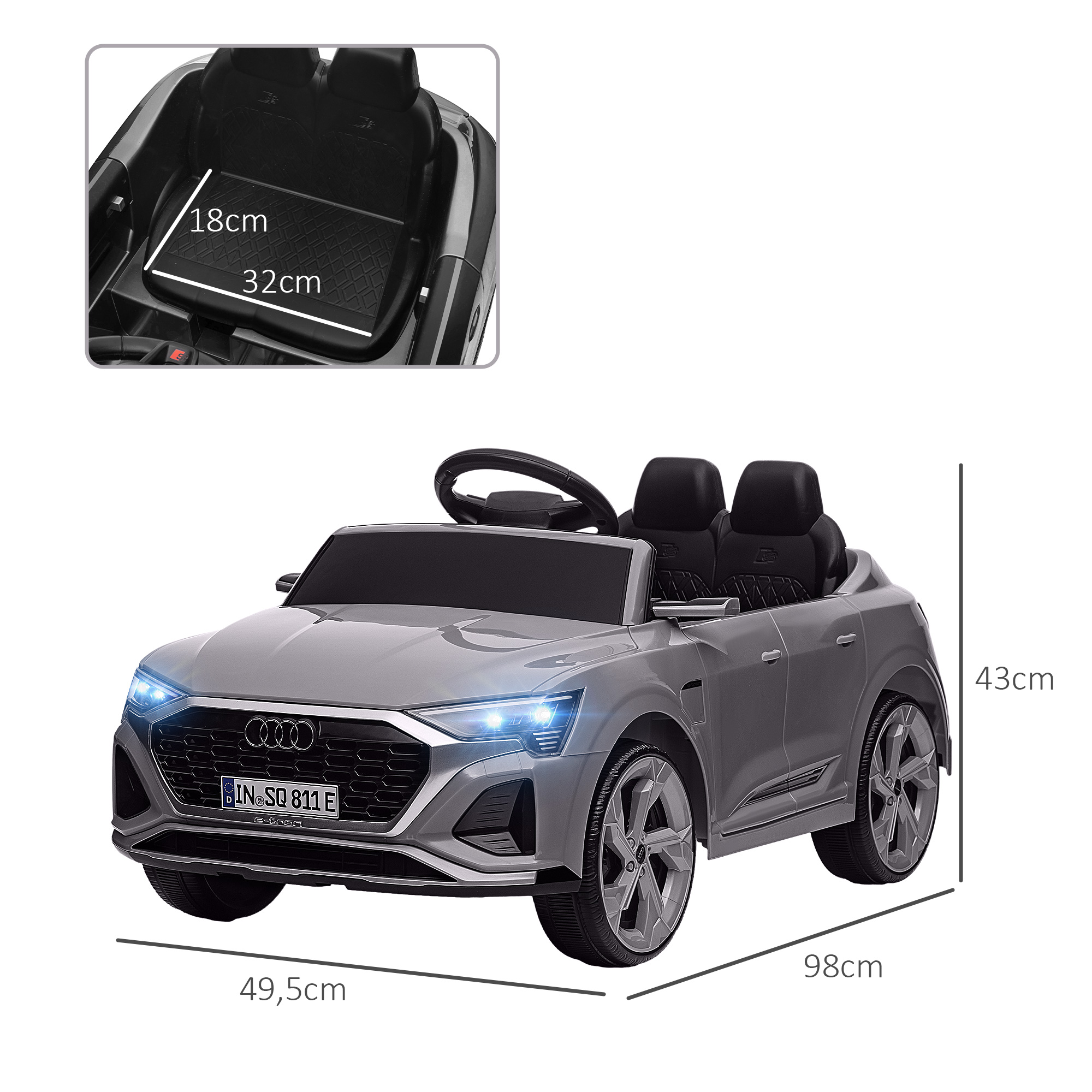 AIYAPLAY Elektrische Kinder Auto, 12V Audi Q8, 3-5 km/u, Afstandsbediening, Koplampen, Muziek, Grijs
