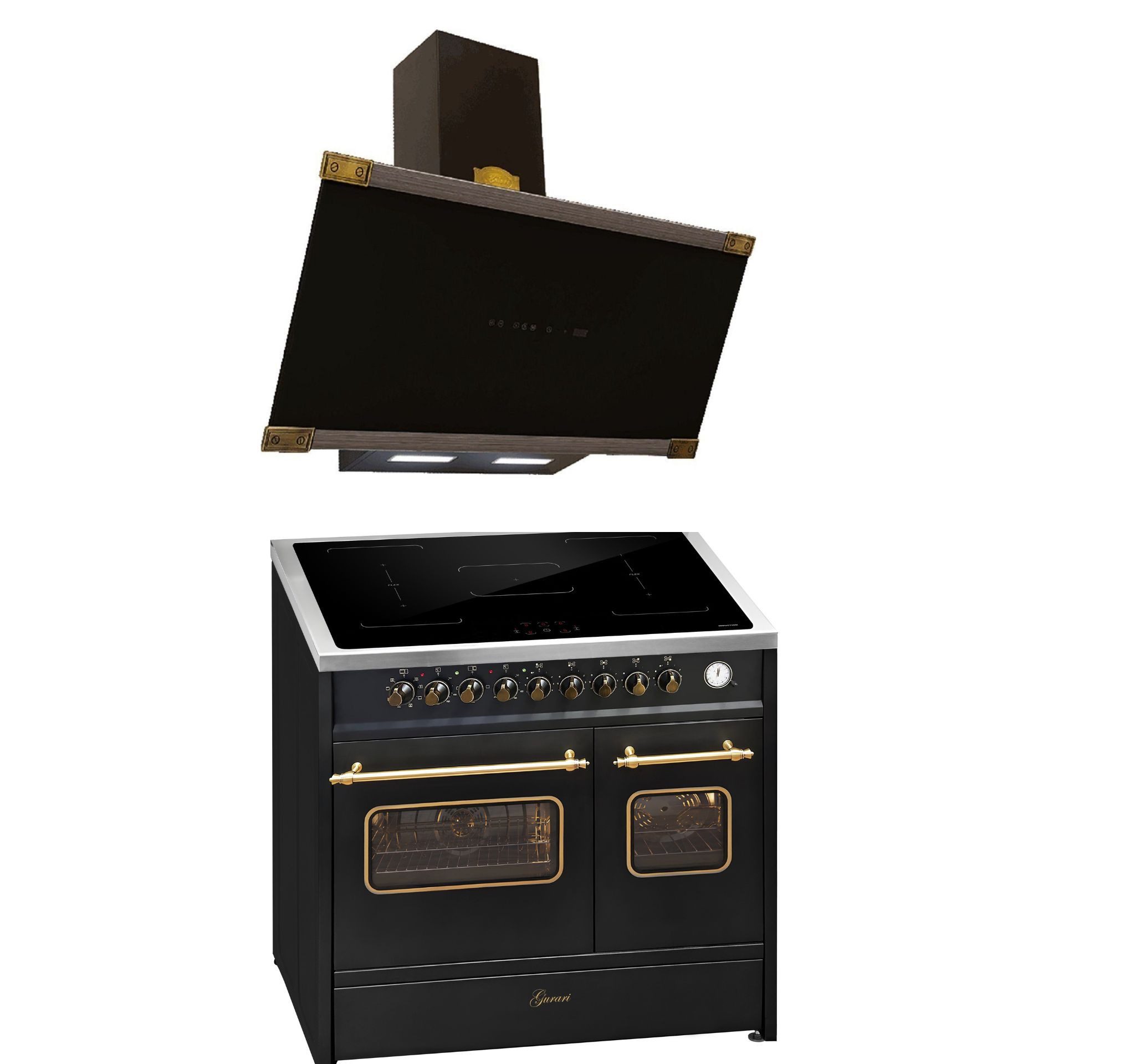 Induktions-Standherd Retro Elektro Standherd 90 cm, Range Coocker mit FLEX Induktion+Dunstabzugshaube 90 cm, 1250 m³/h E 913 DF RU BL+AT 9445 AD Eco