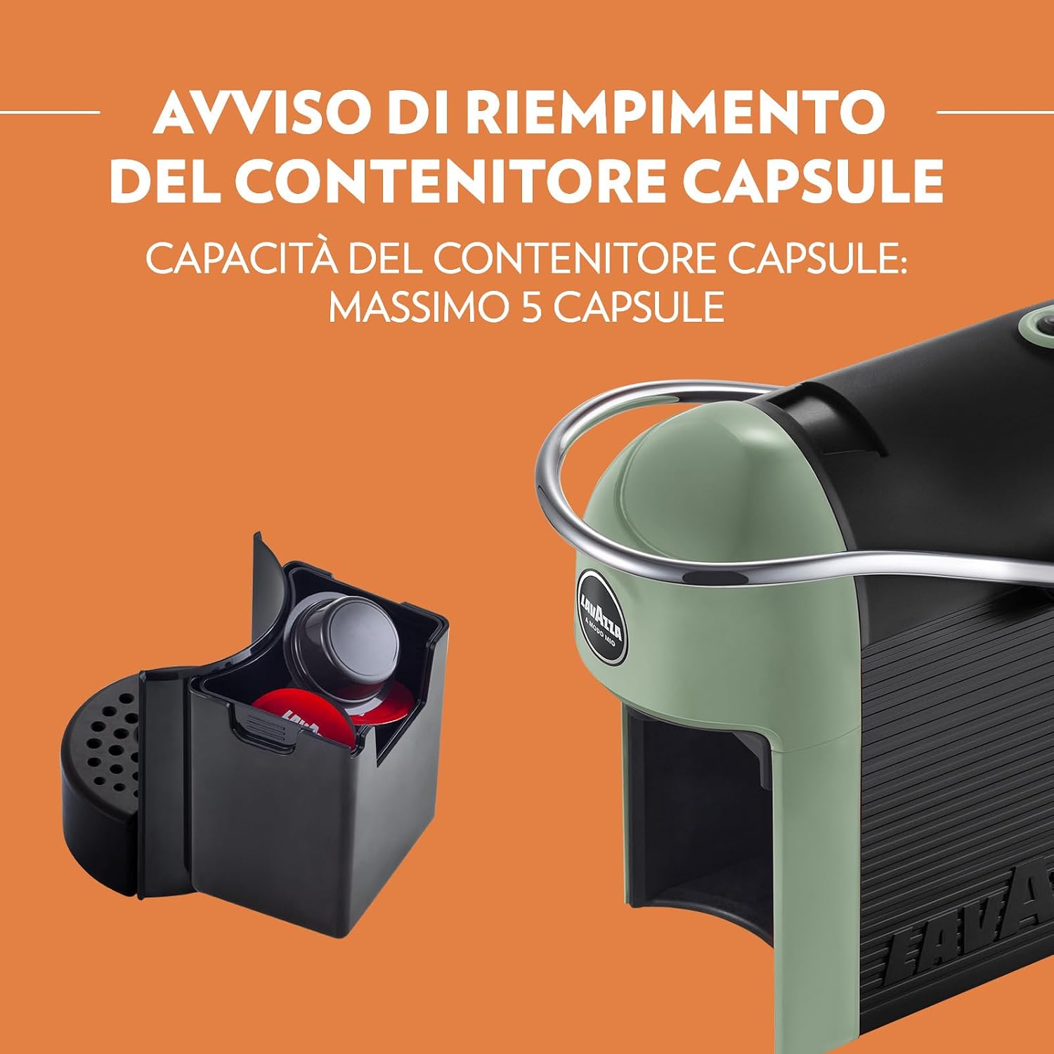 Lavazza, A Modo Mio Jolie Evo, Macchina per Caffè Realizzata con 36% di Plastica Riciclata, Macchina Espresso con 64 Capsule Lavazza, A Modo Mio Crema e Gusto Classico Incluse, Verde