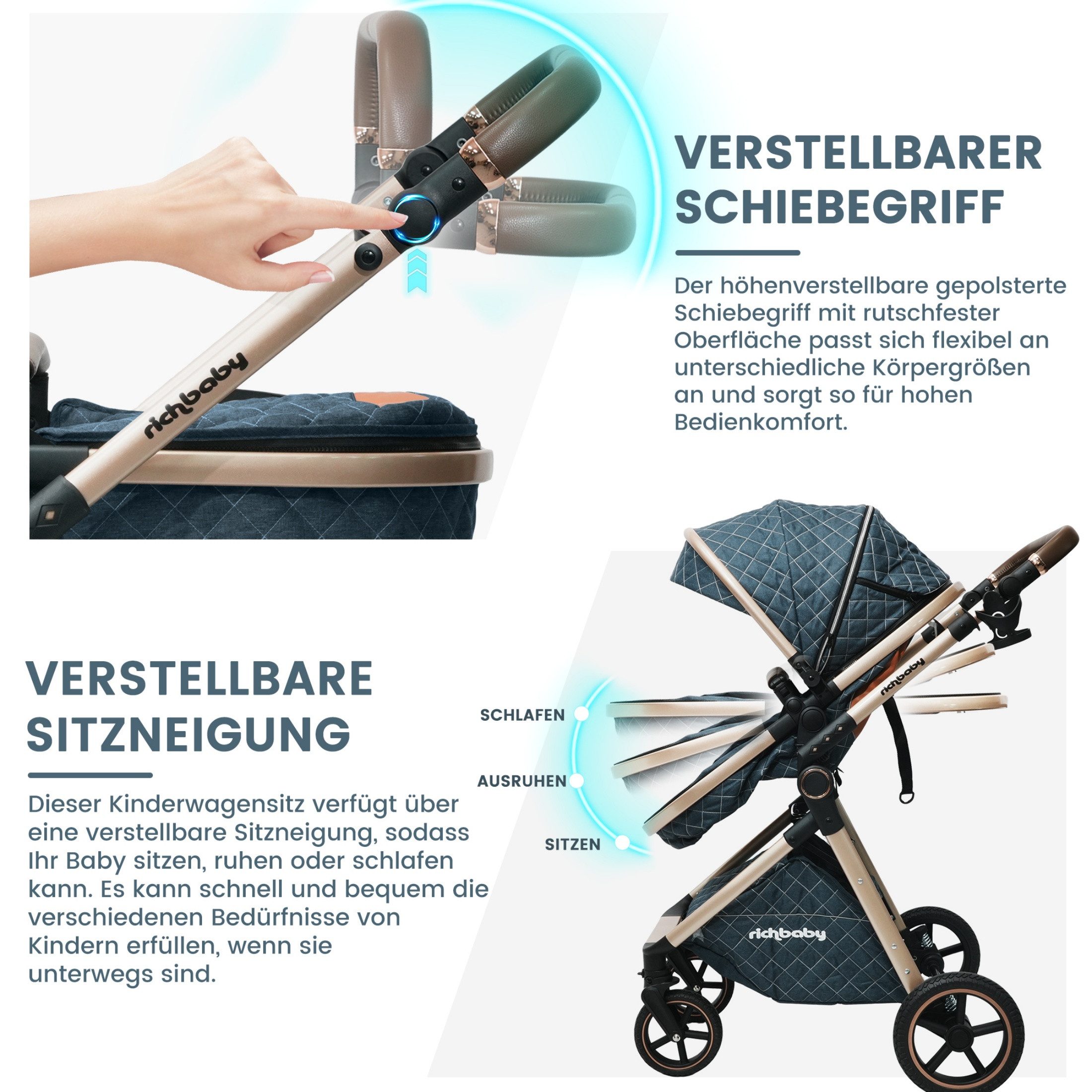 Kombi-Kinderwagen 2-in-1 Kinderwagen mit Babywanne, All-Terrain, verstellbar, faltbar