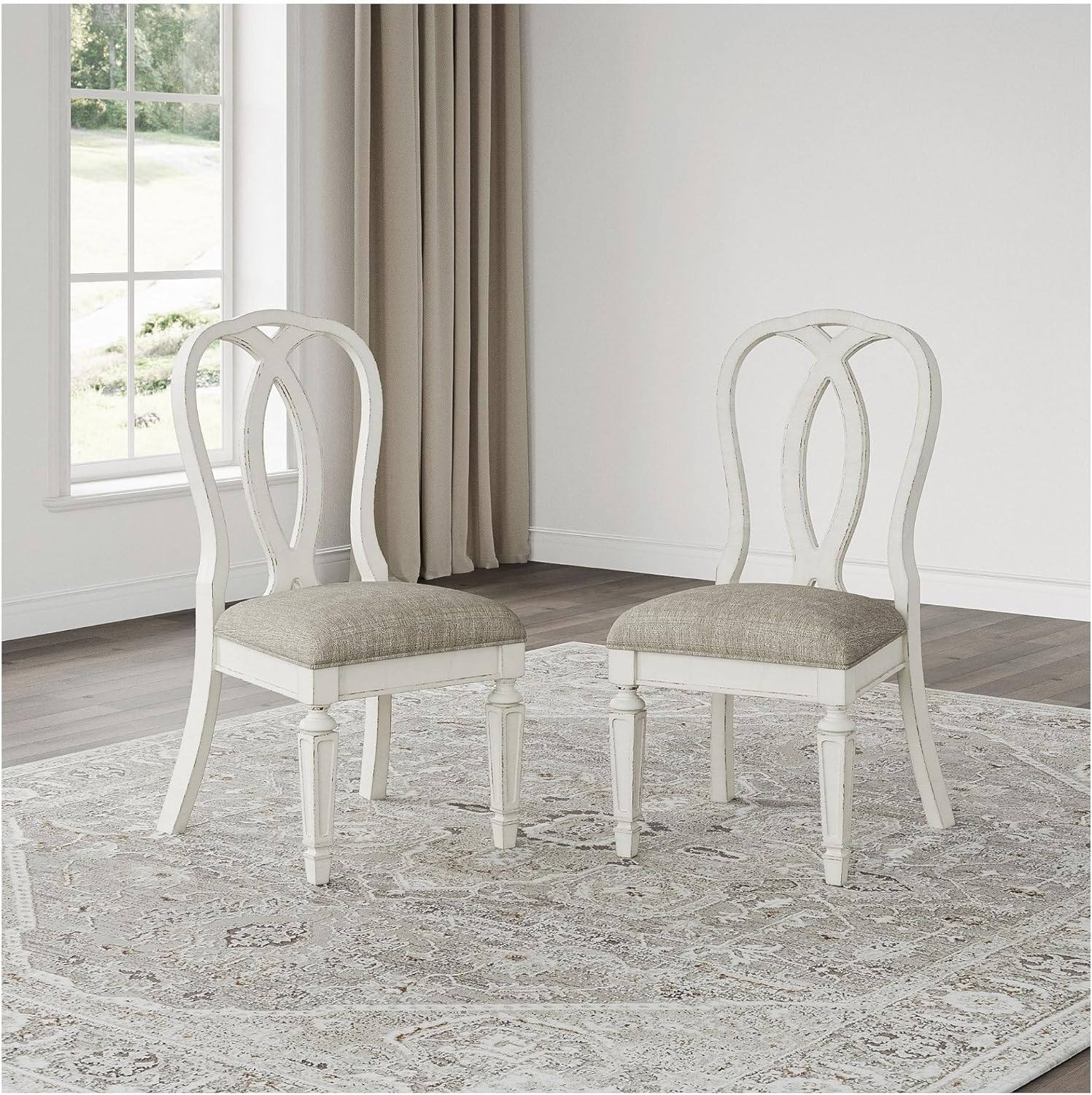 Signature Design by Ashley Realyn French Country Ribbon Back Dining Chair, 2 Count, Chipped White