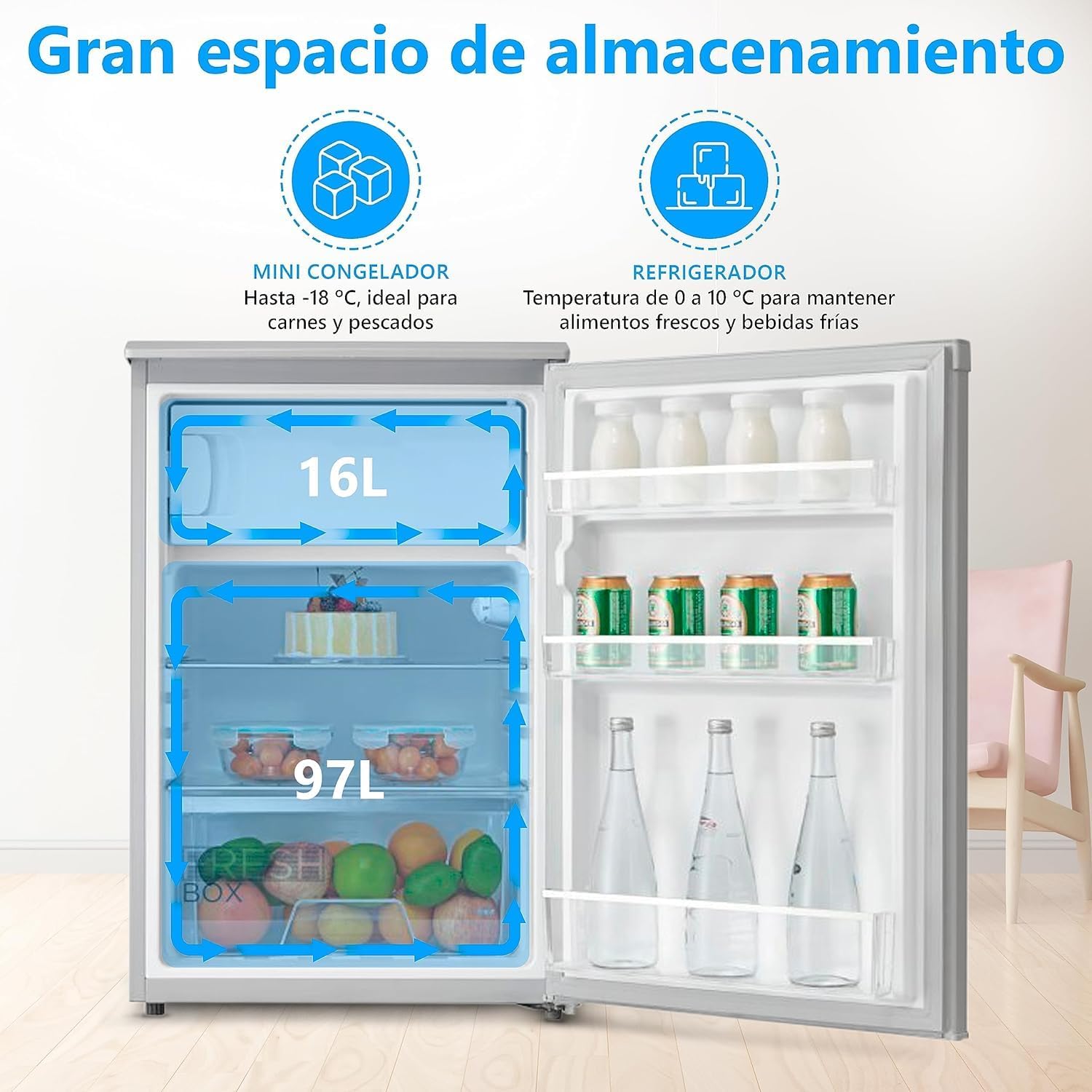 Midea Nevera pequeña 113L con Congelador - Mini frigorífico pequeño para la Habitación/Caravana/Camping - Mini Bar Bajo Consumo - Frigorifico Bajo Encimera Silencioso 39dB + Congelador -16º/-24º