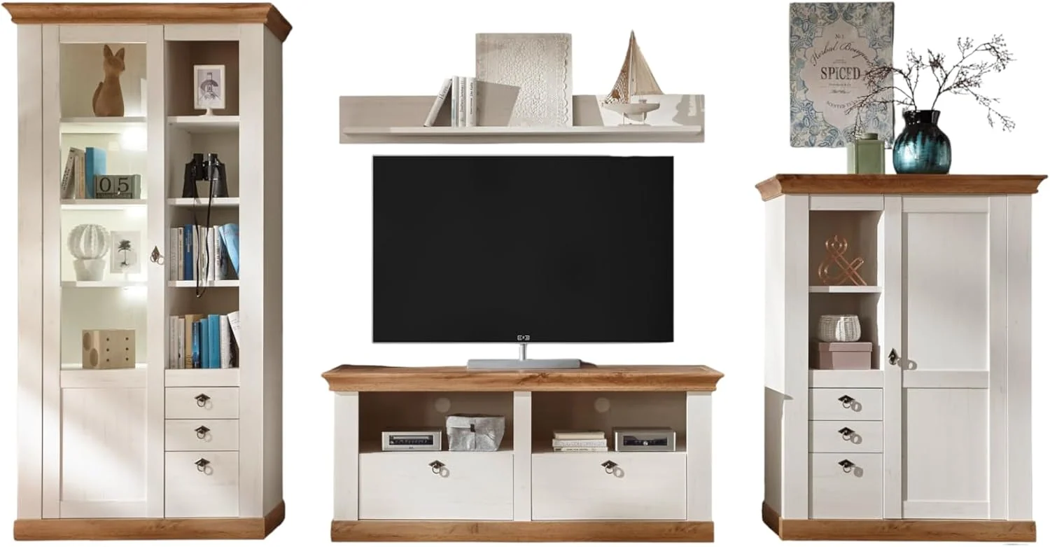 Furn.Design Wohnwand, 376 x 204 cm, Eiche, in weiß Pinie und Wotan Landhaus Schrankwand 4-teilig, Hemsby