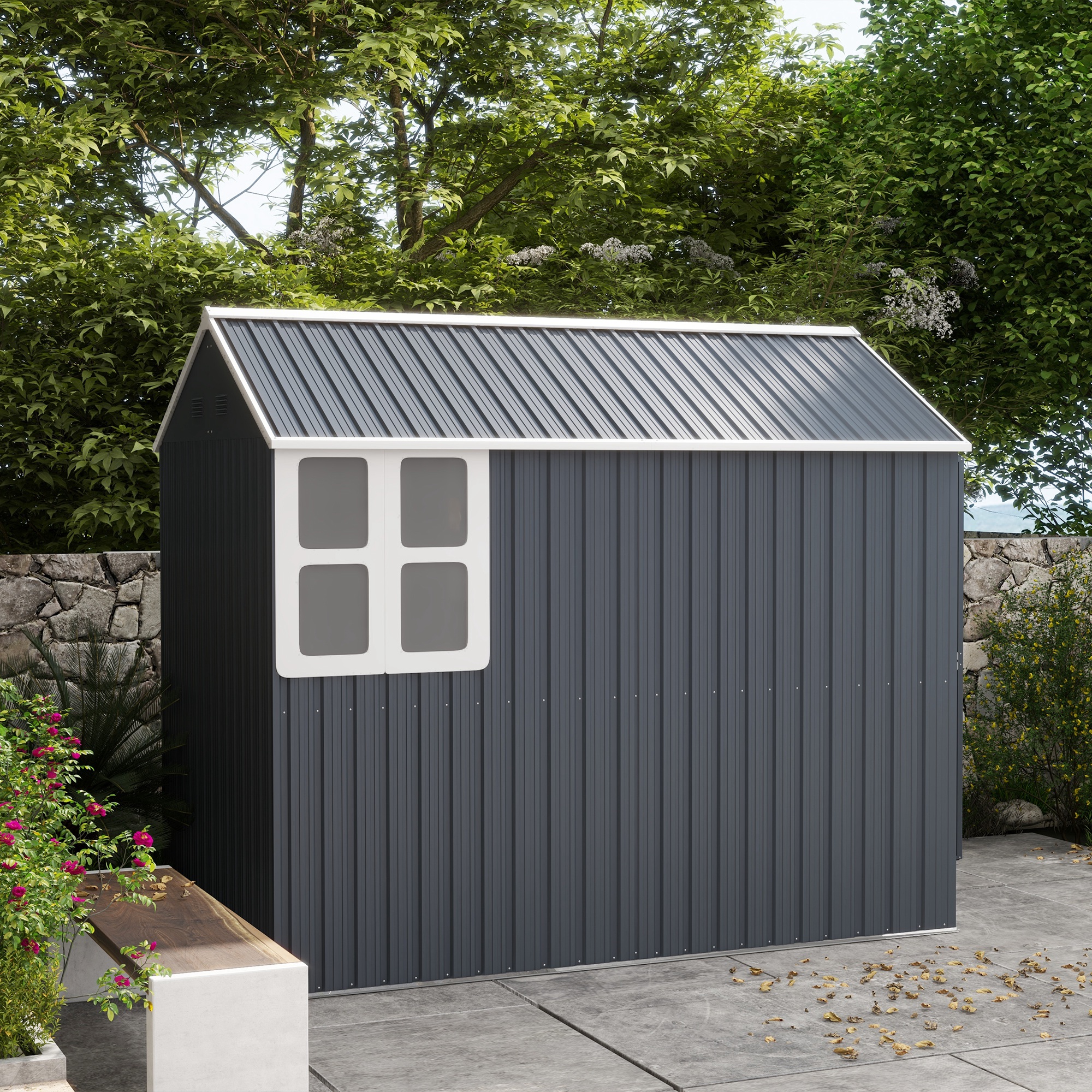 Outsunny Tuinhuis, metalen opbergschuur, dubbele deur, raam, 259x172x222 cm, grijs/wit
