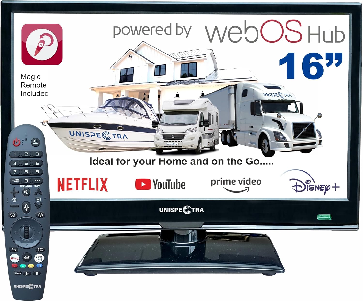 Unispectra® 16“ Smart TV (webOS) Full HD 230V 24V Triple Tuner: Sat, Antenne, Kabel TV, 3xHDMI, 2xUSB, Magic Remote. 12V Fernseher für Wohnmobile, Wohnwagen, LKWs, Lieferwagen, Boote