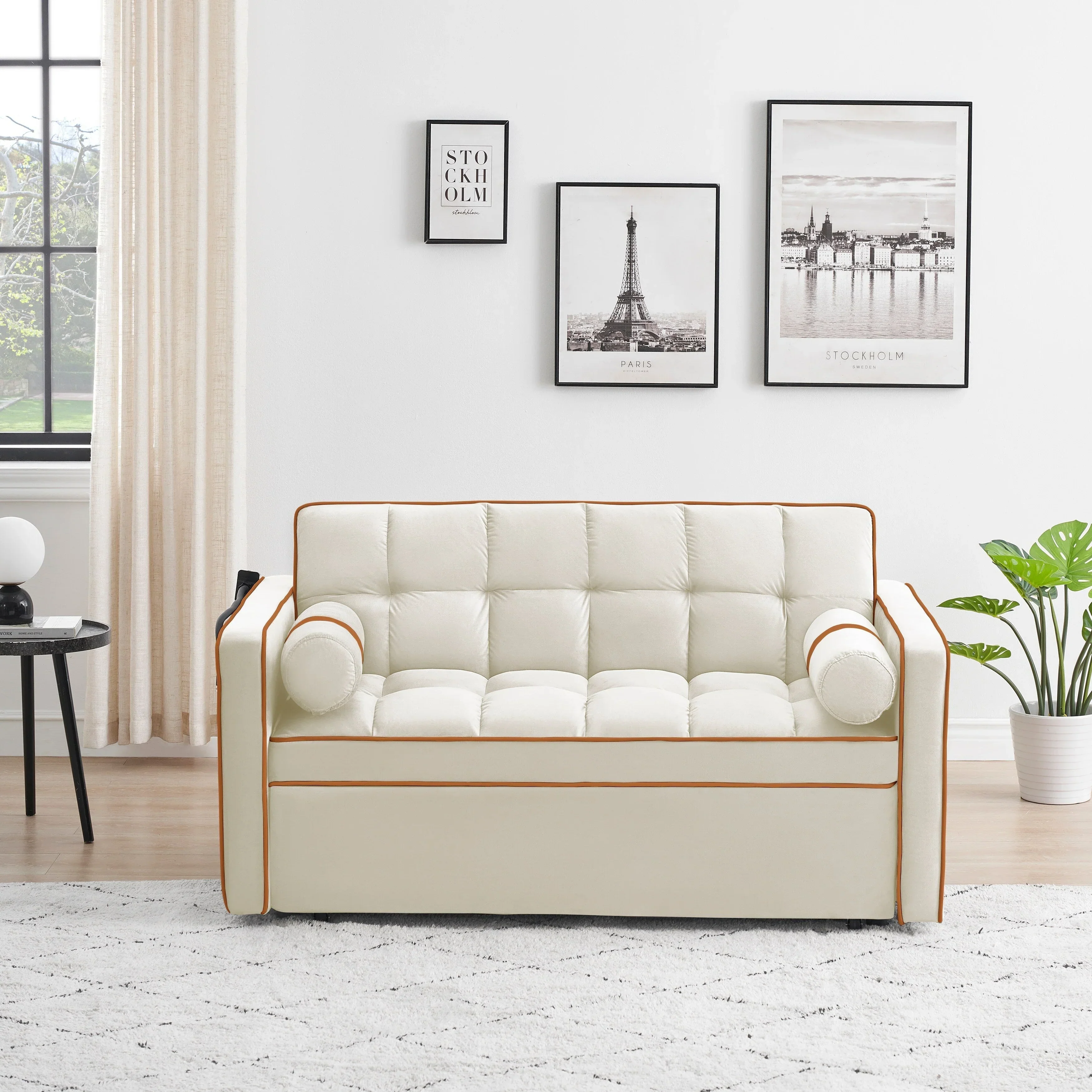 Velvet Convertible 55'' 2-Seater Sleeper Sofa with Pull-Out Bed, Adjustable Recline, Side Pockets, and Phone Holder