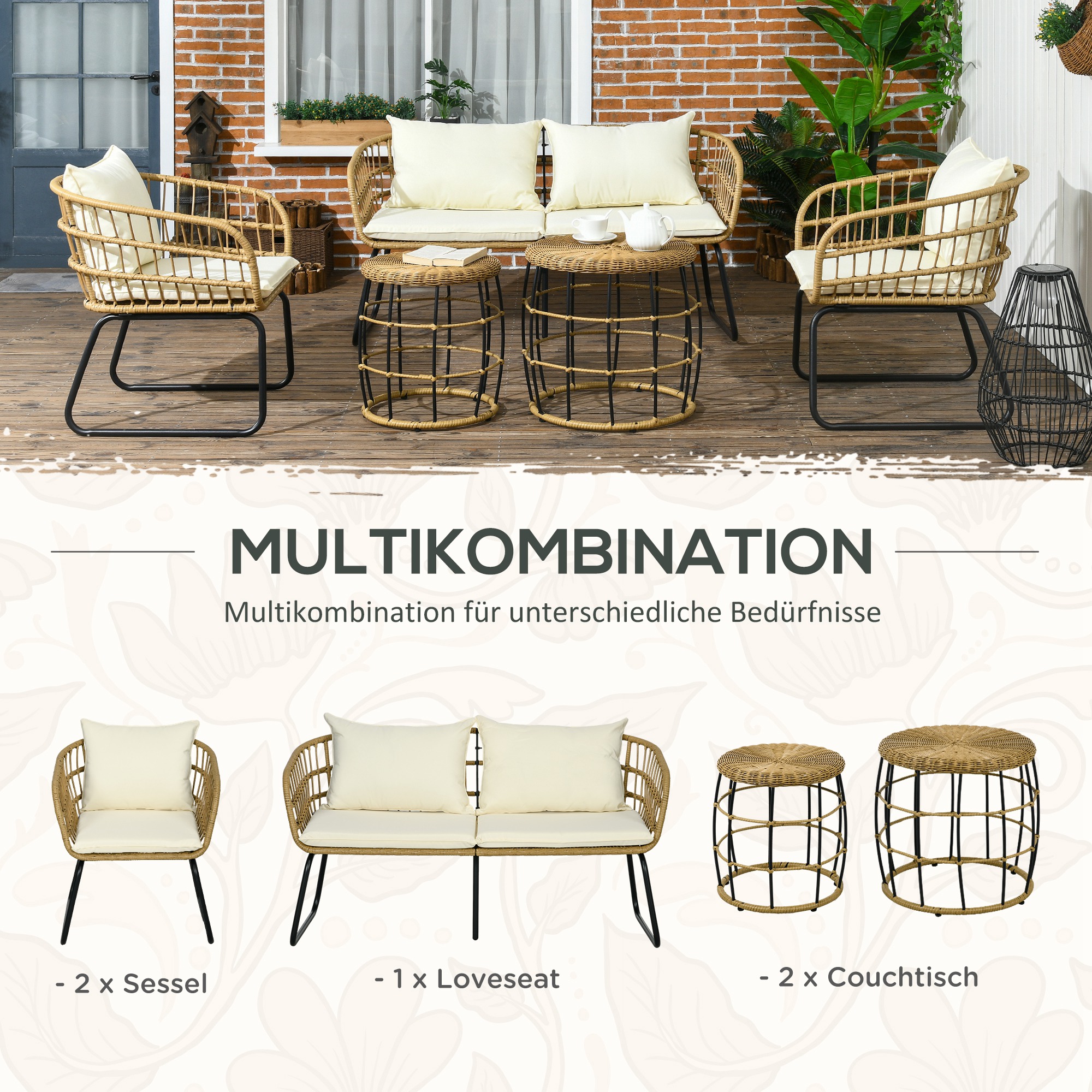 Outsunny Lounge-Set Rattan Zitgroep, Buitenmeubelset in Boho-stijl, 5-delig, 145 x 70 x 78 cm, Cr��me + Natuur + Zwart