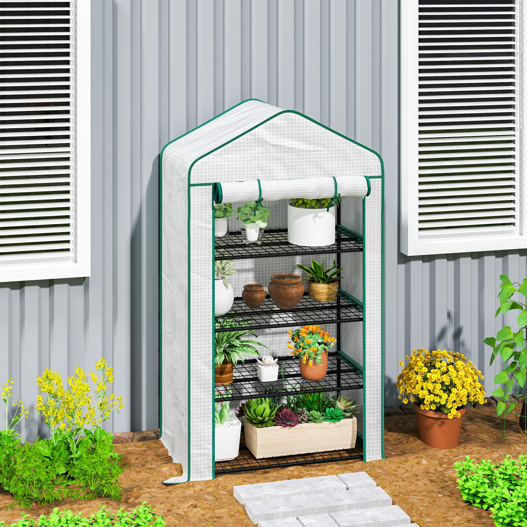 Outsunny Garten-Balkon-Gewächshaus Regal 4 Ebenen 90 x 49 x 160 cm verzinkter Stahl abnehmbare PE-Hochdichtebeschichtung weiß