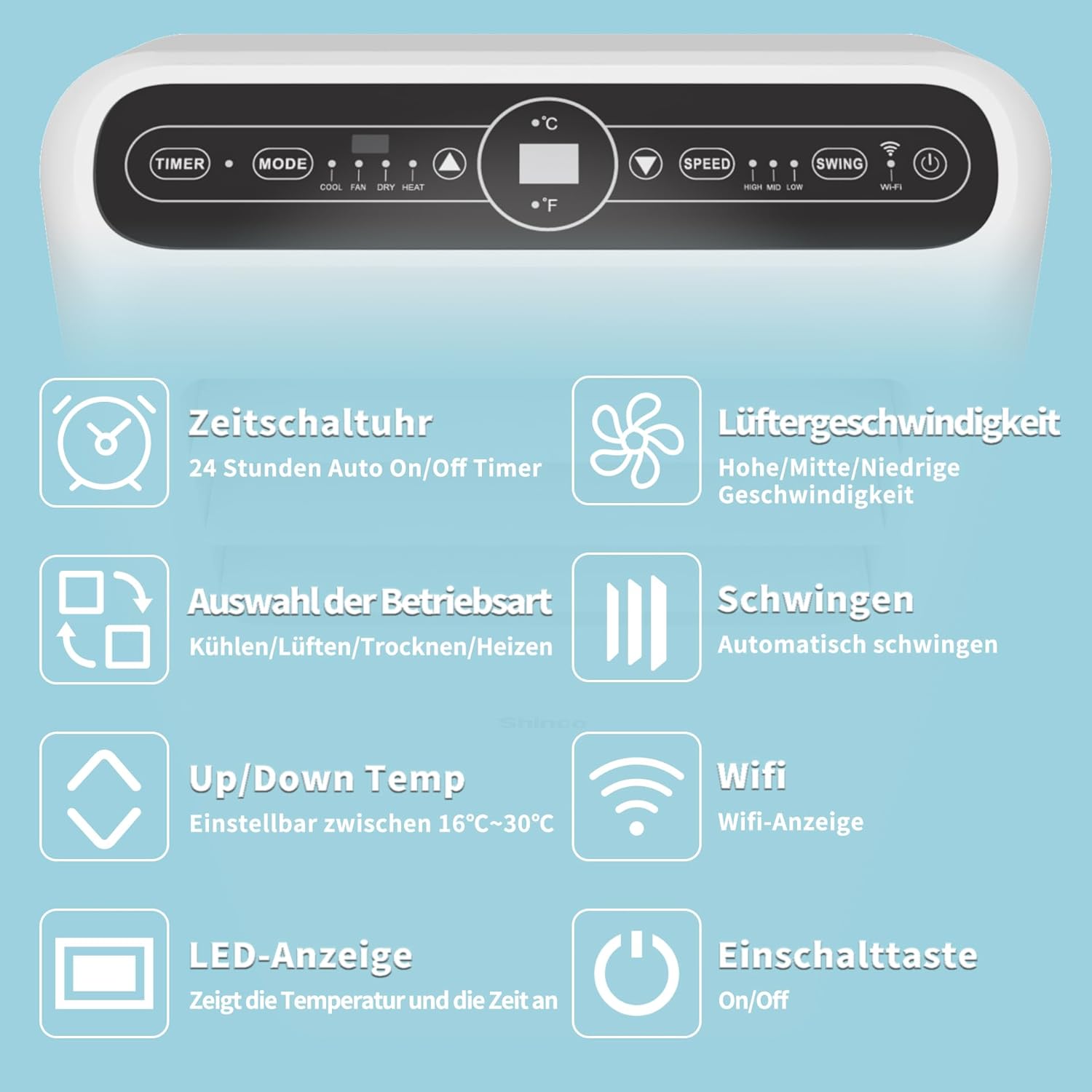 SHINCO Mobile Klimaanlage mit Abluftschlauch, 9000BTU, 2,6 kW, Kühlen&Ventilieren&Entfeuchten, Mobiles Klimagert mit Schlafmodus, Raumgre bis 22㎡, 24-Stunden-Timer