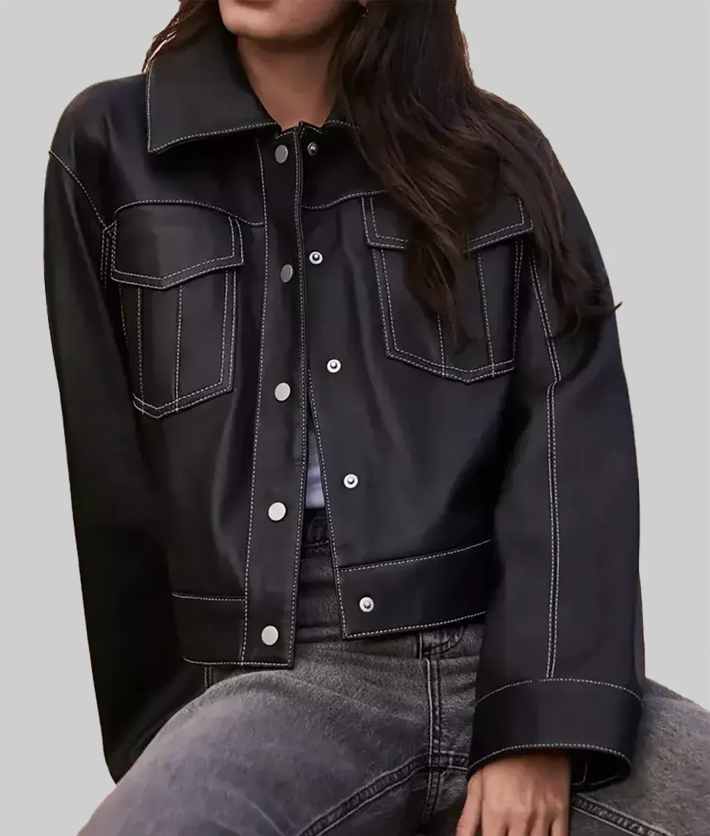 Lauren Black Leather Cropped Trucker Jacket