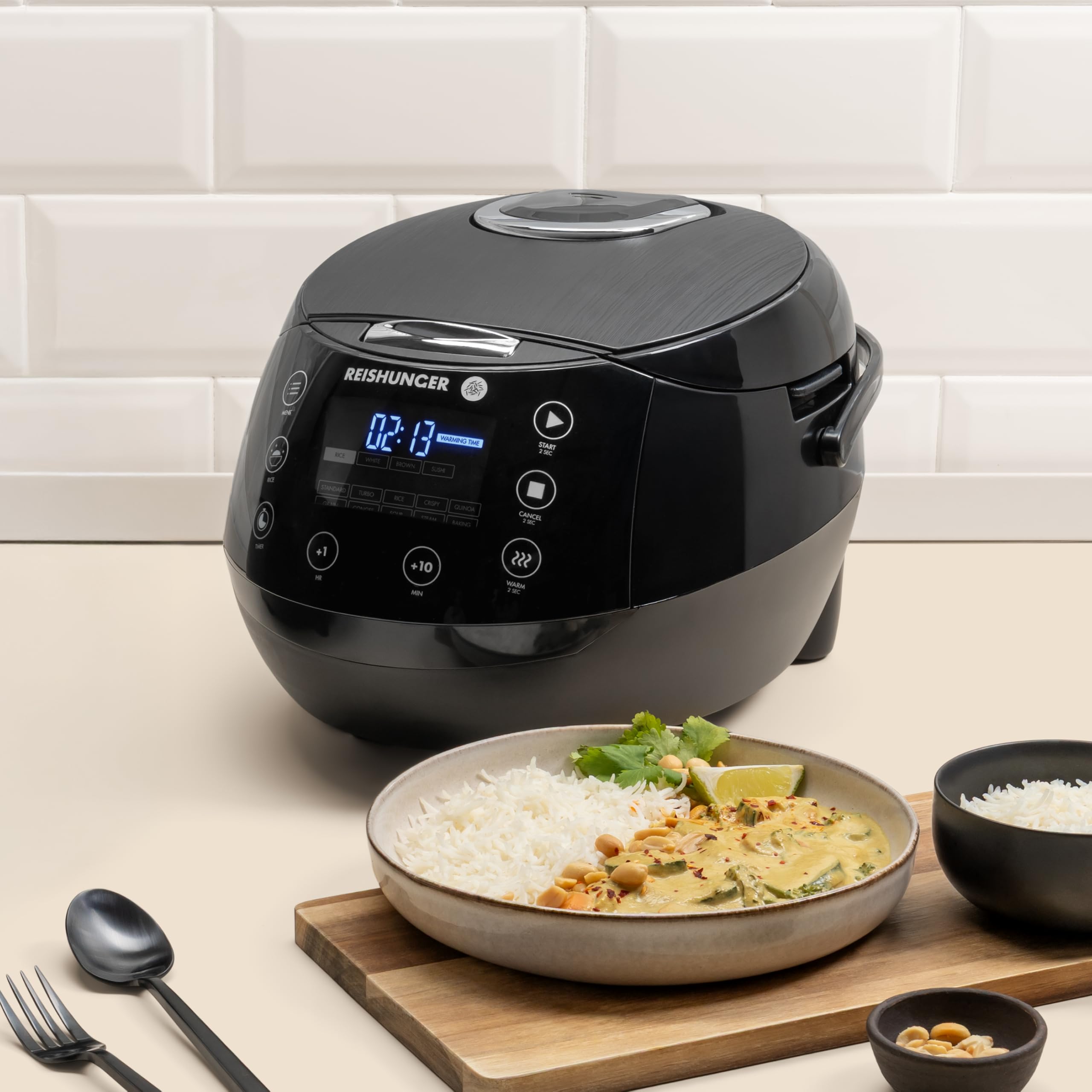 Reishunger digitaler Reiskocher und Dampfgarer 1,5L schwarz mit Timer und Warmhaltefunktion
