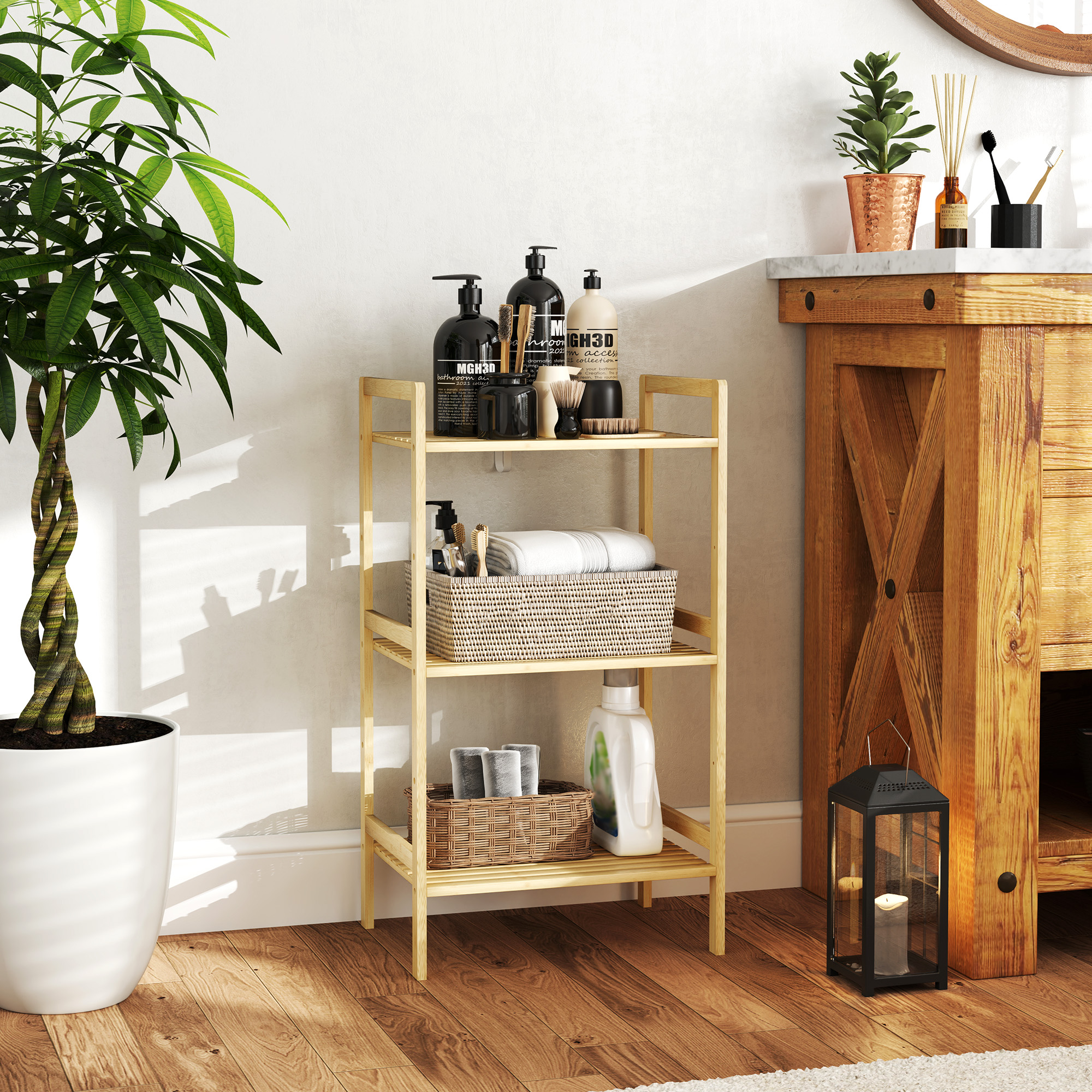 HOMCOM Badezimmerregal mit 3 Ebenen Bambusregal 3 verstellbare Regale 5 Positionen 43,5 x 31,5 x 80 cm Naturholz