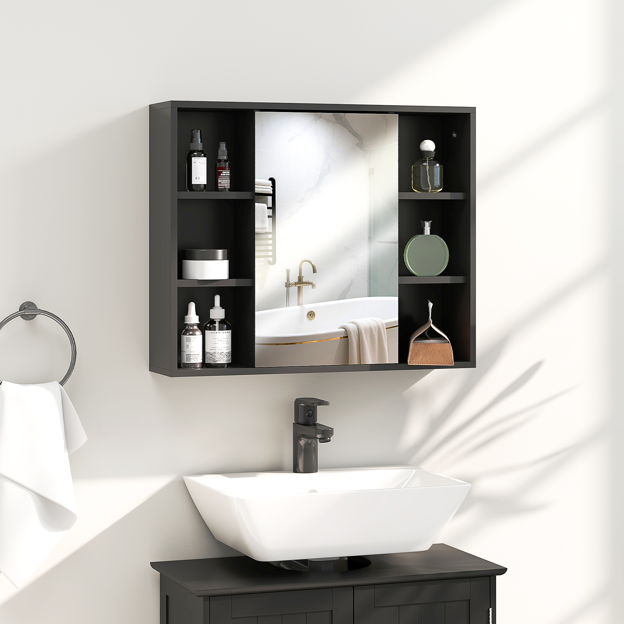 HOMCOM Badezimmerschrank mit Spiegel, Schrank mit Türen und 6 offenen Fächern, 60 x 14,5 x 49,4 cm, Schwarz