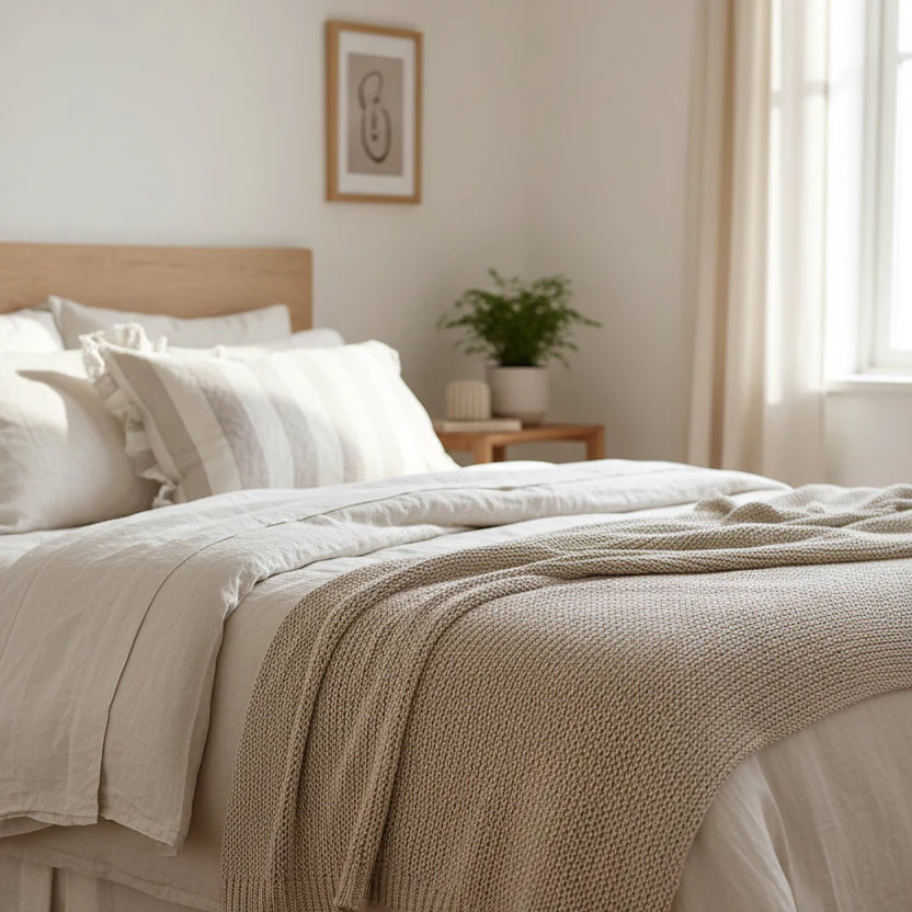 Beige & Cream Stonewashed Linen Cushion �C Ruffled Edge, 45cm