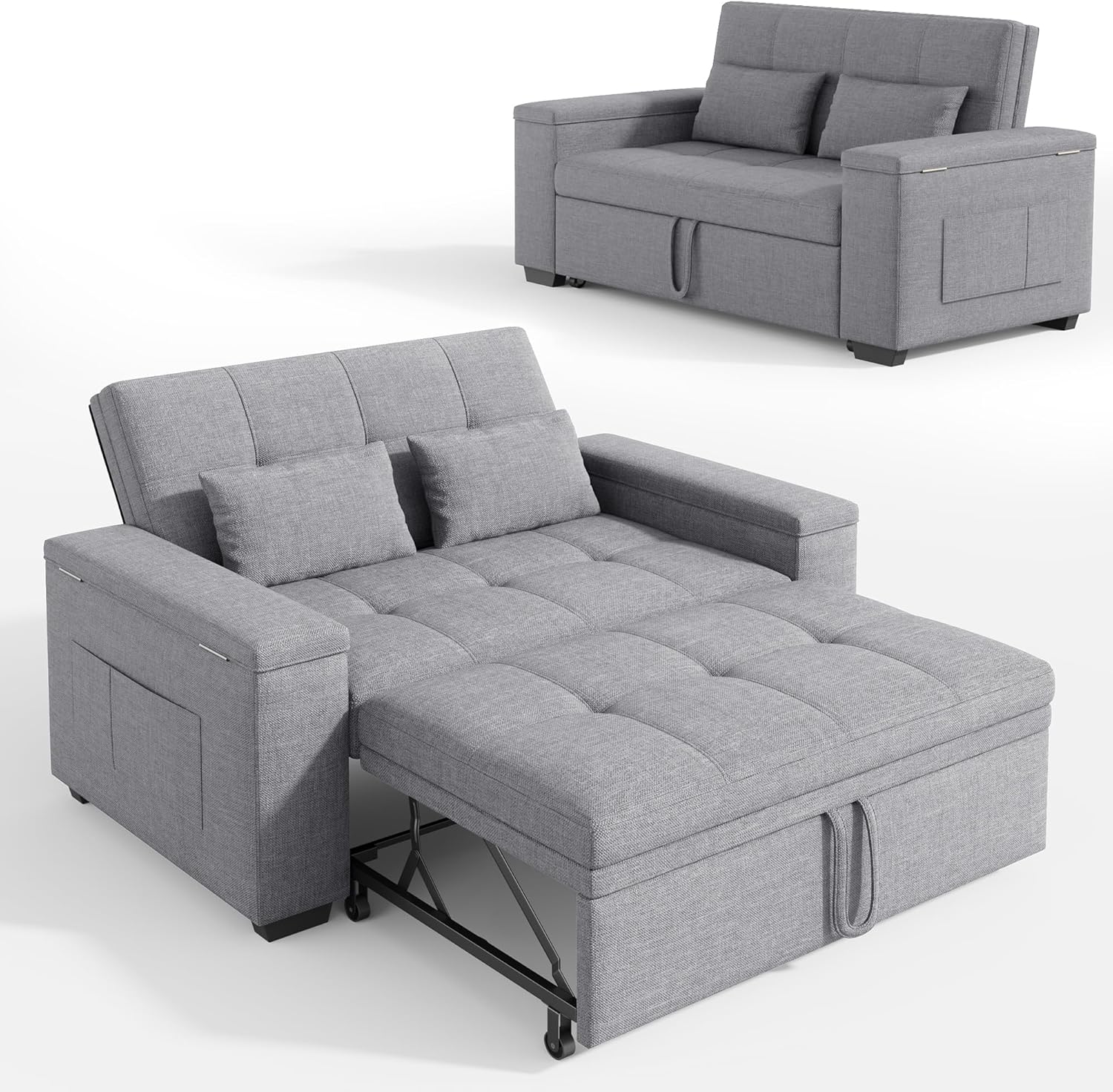 Xbro 3-in-1 Schlafsofa ausziehbar, 2-Sitzer Sofa mit Schlaffunktion, verstellbare Rückenlehne, Leinenstoff mit 2 Kissen und Seitentaschen, für Wohnzimmer, Schlafzimmer oder Büro, Hellgrau